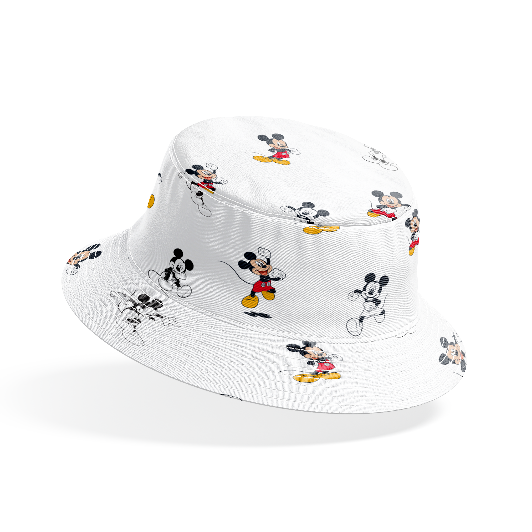 Repeating pattern of Mickey Mouse cartoon characters in various poses on white background bucket hat mockup