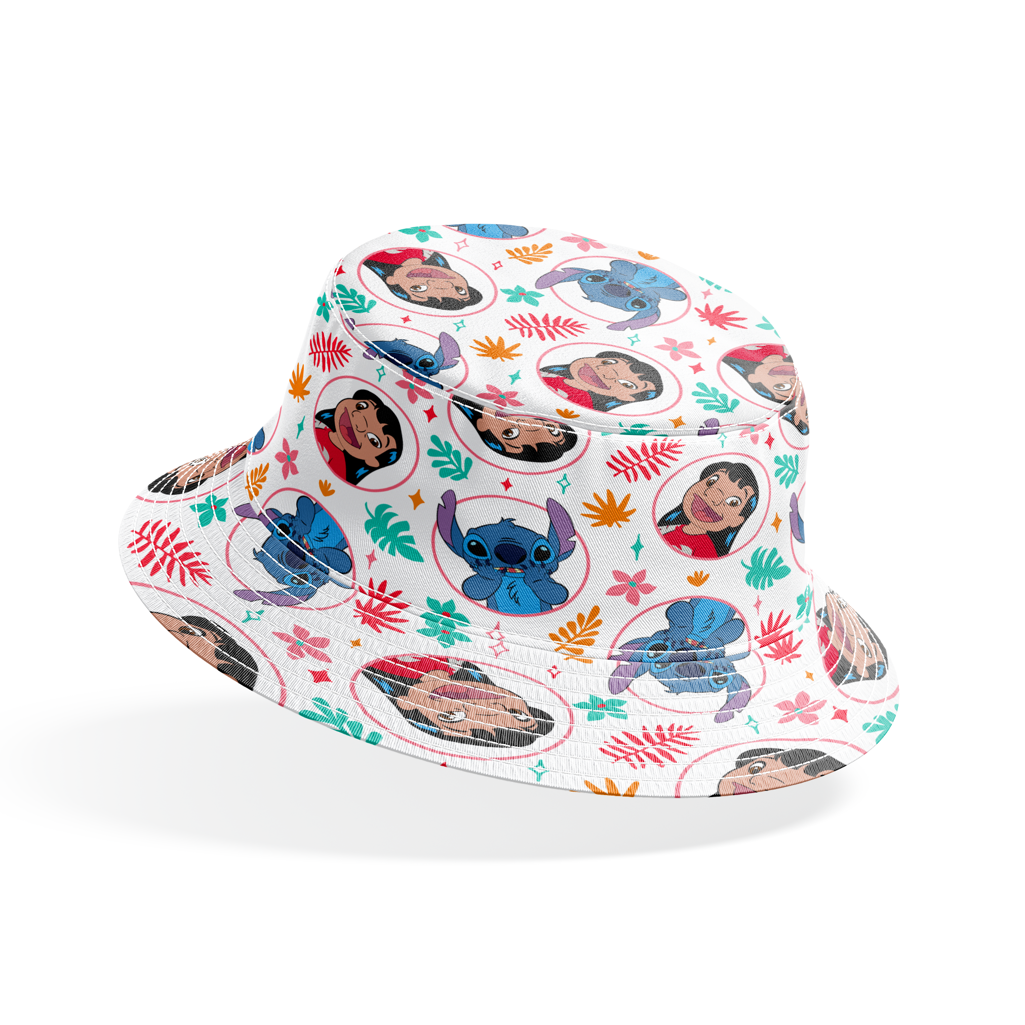 Colorful cartoon pattern with Lilo and Stitch in circles, surrounded by tropical leaves and stars bucket hat mockup