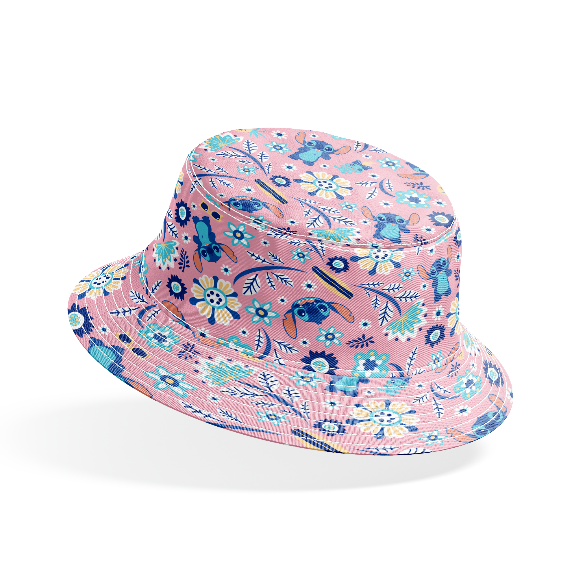 Floral pattern with Disney's Stitch, white daisies, and mint green accents on pink background bucket hat mockup
