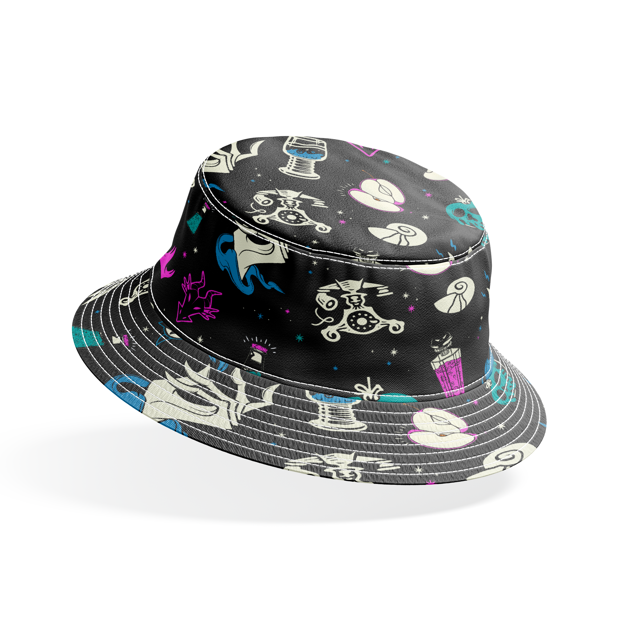 Gothic pattern with Disney villain-inspired icons like skulls, potions, and flames in teal, purple, and blue on black background. bucket hat mockup