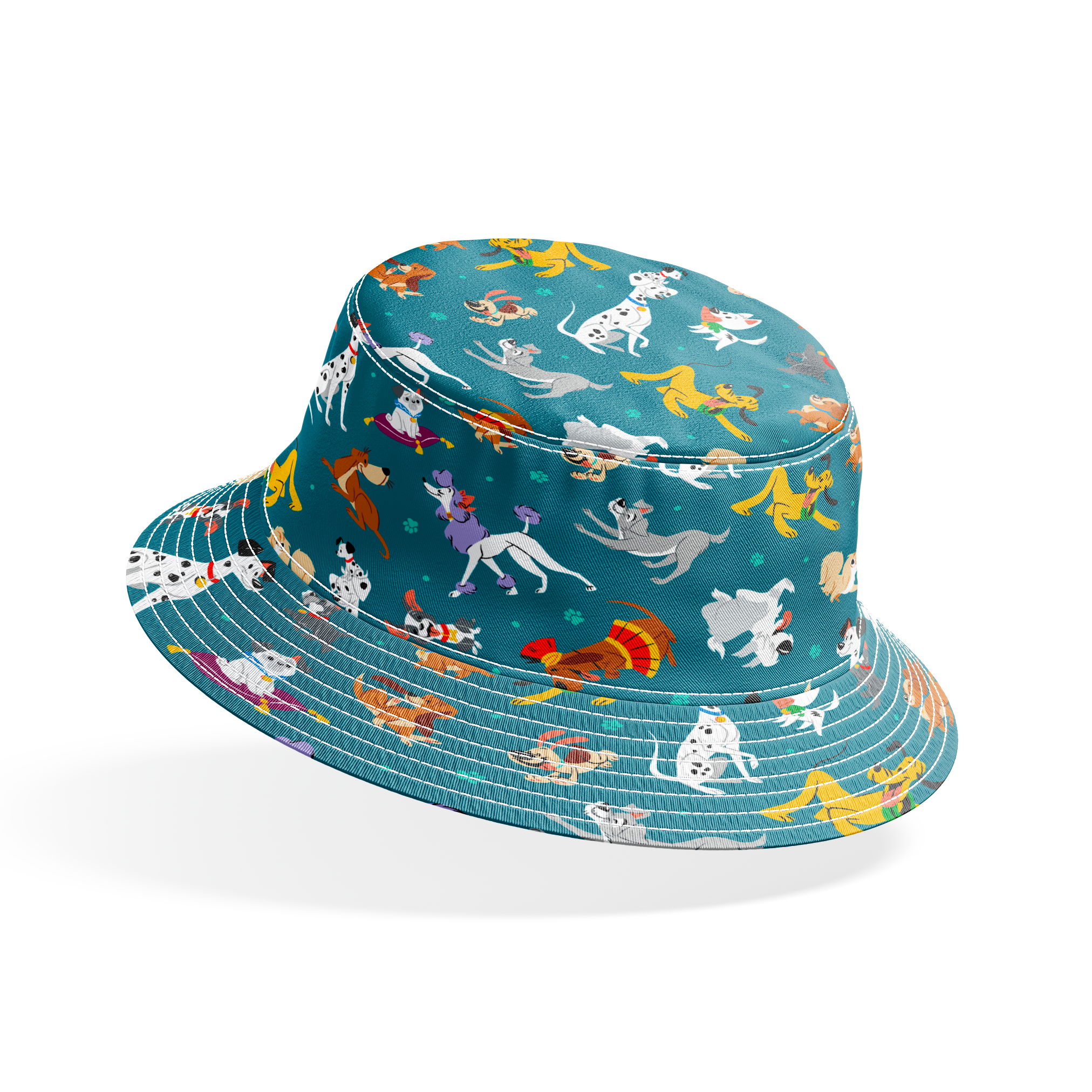 Teal pattern featuring Disney cartoon dogs like Dalmatians, Pluto, Lady and the Tramp, Copper, and other animated pups. bucket hat mockup