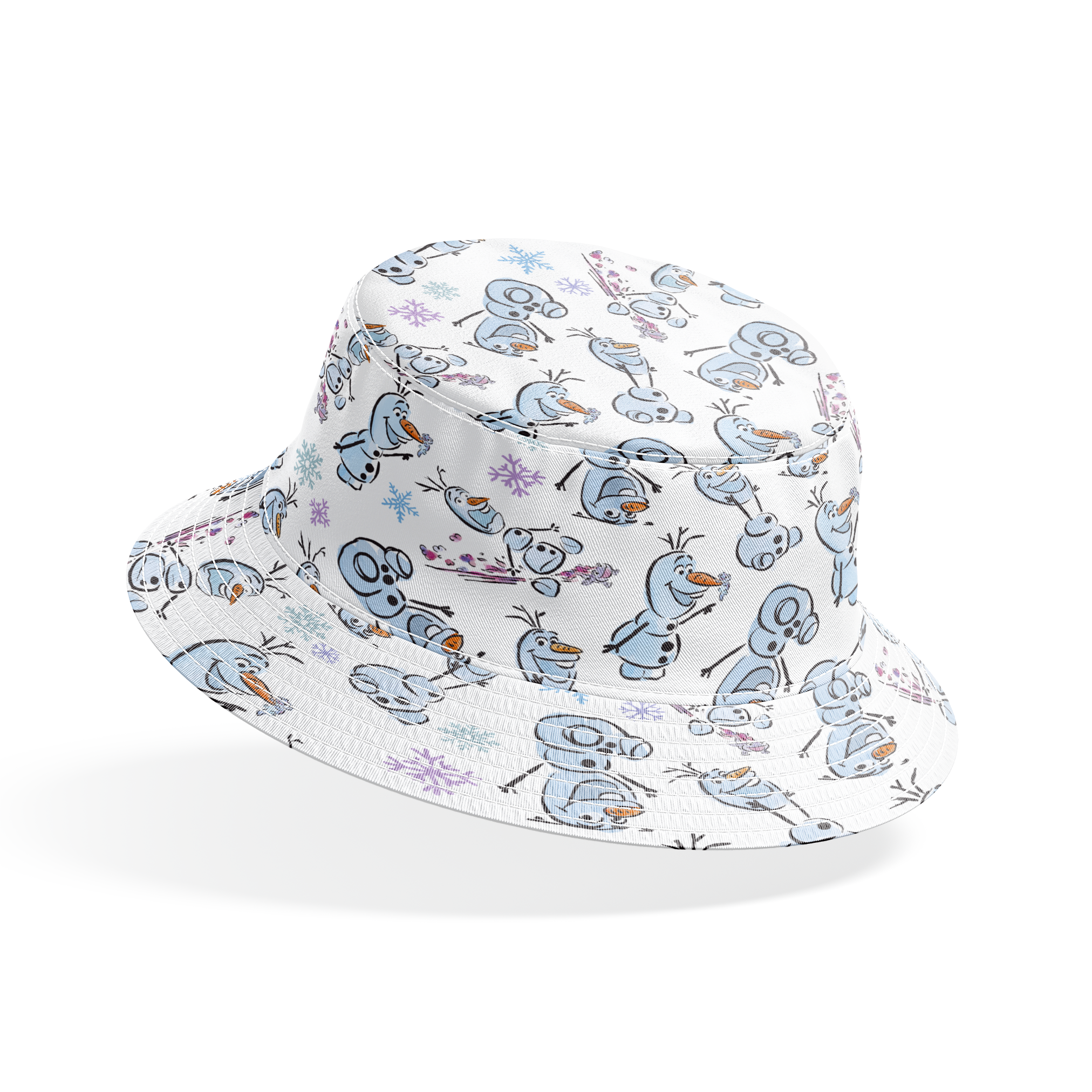 Disney Frozen Olaf with different happy expressions scattered on light blue background with snowflakes bucket hat mockup