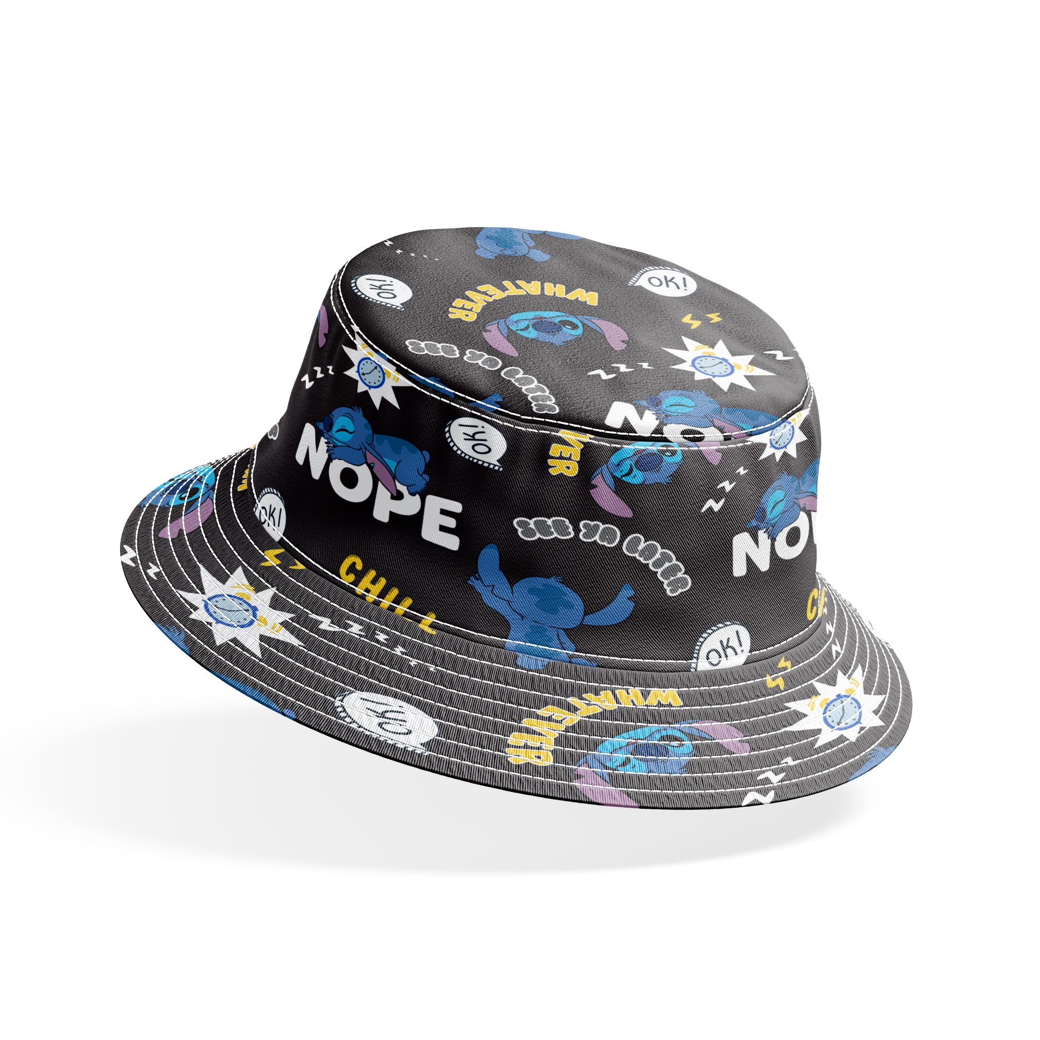 Disney Stitch pattern on black background with text "NOPE," "CHILL," "OK!" and sleep symbols bucket hat mockup