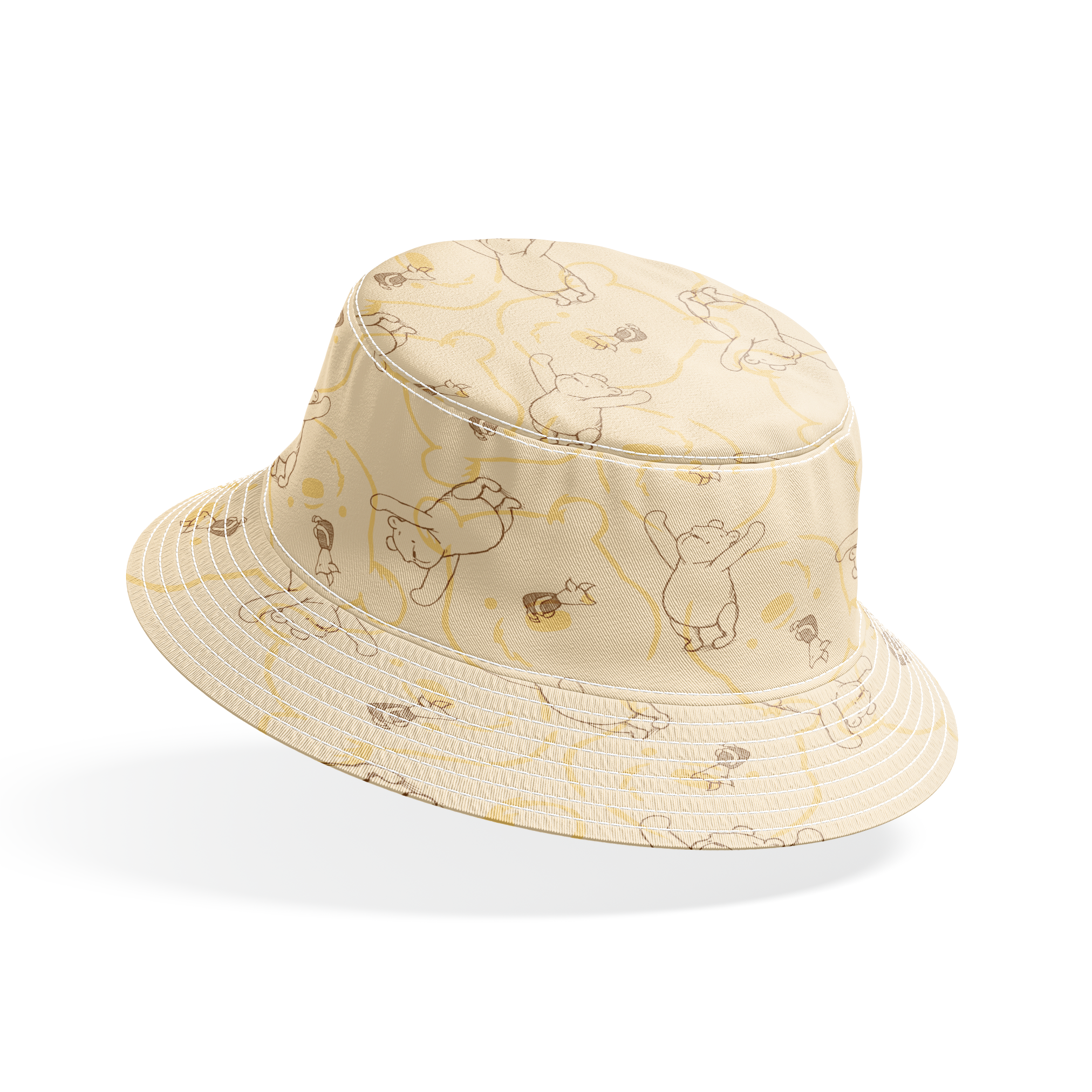 Sketched bear illustrations in various playful poses on a light beige background pattern bucket hat mockup