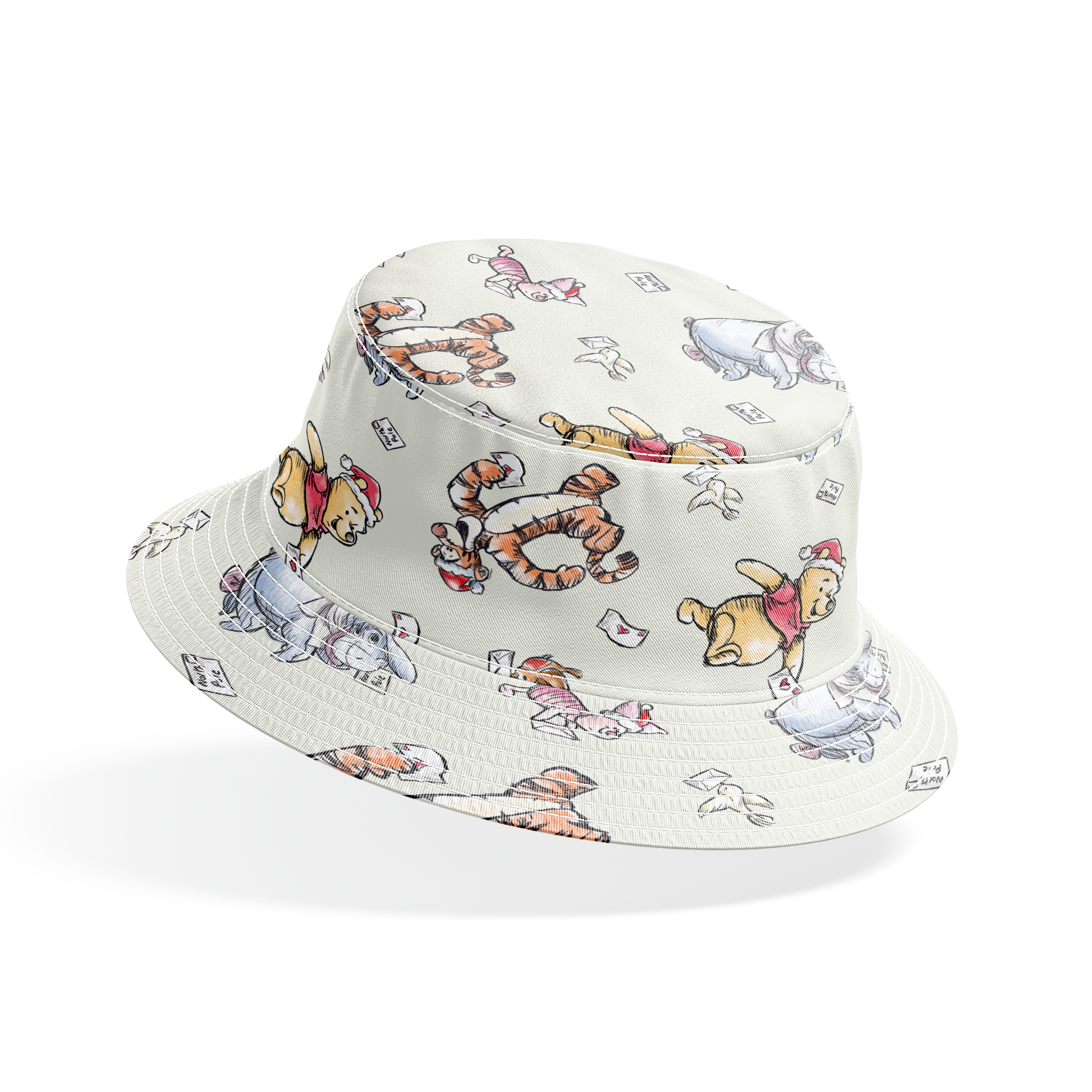 Whimsical cartoon characters in Santa hats on cream background with scattered letters bucket hat mockup