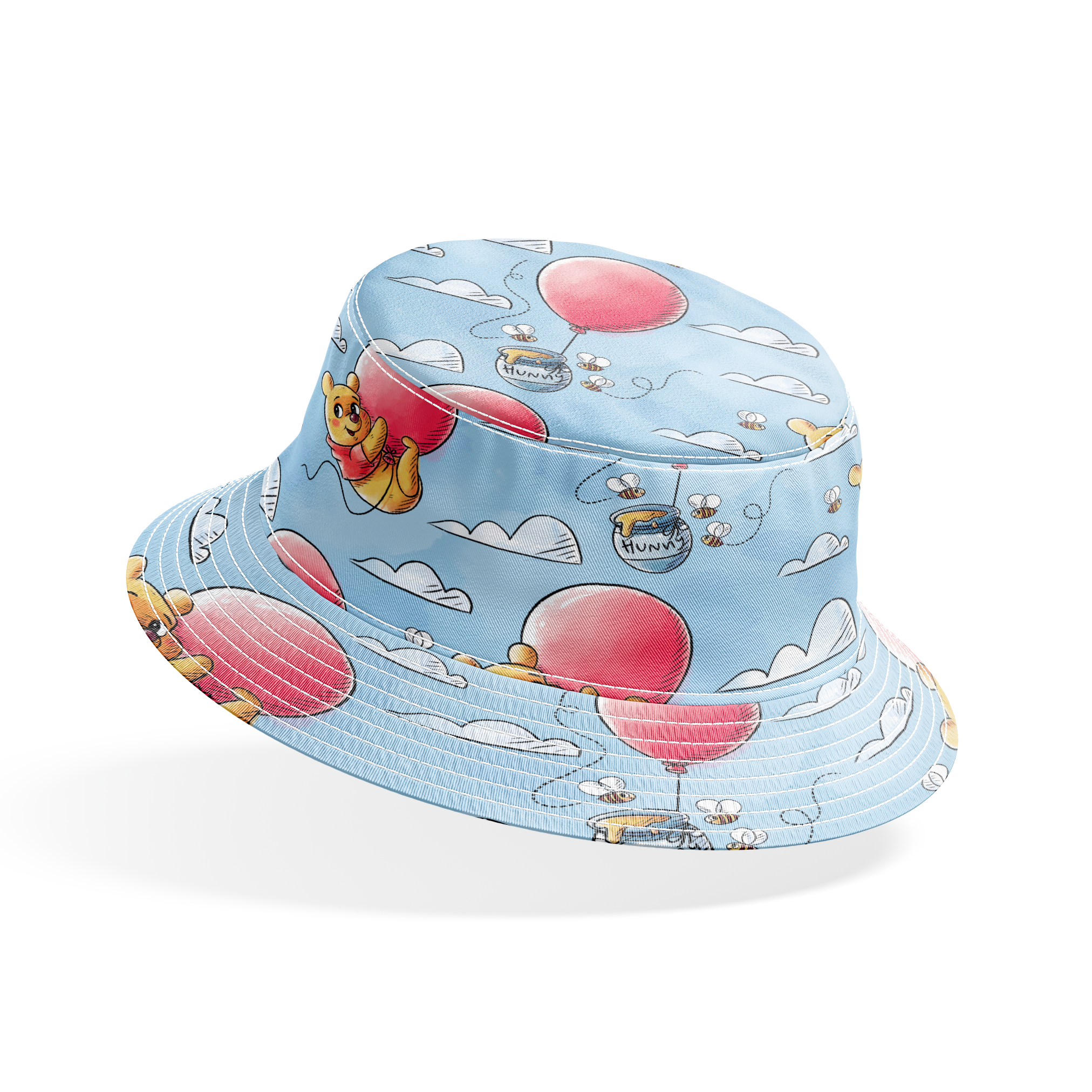 Cute yellow bear characters floating with pink balloons and honey pots against a blue sky with cl... bucket hat mockup