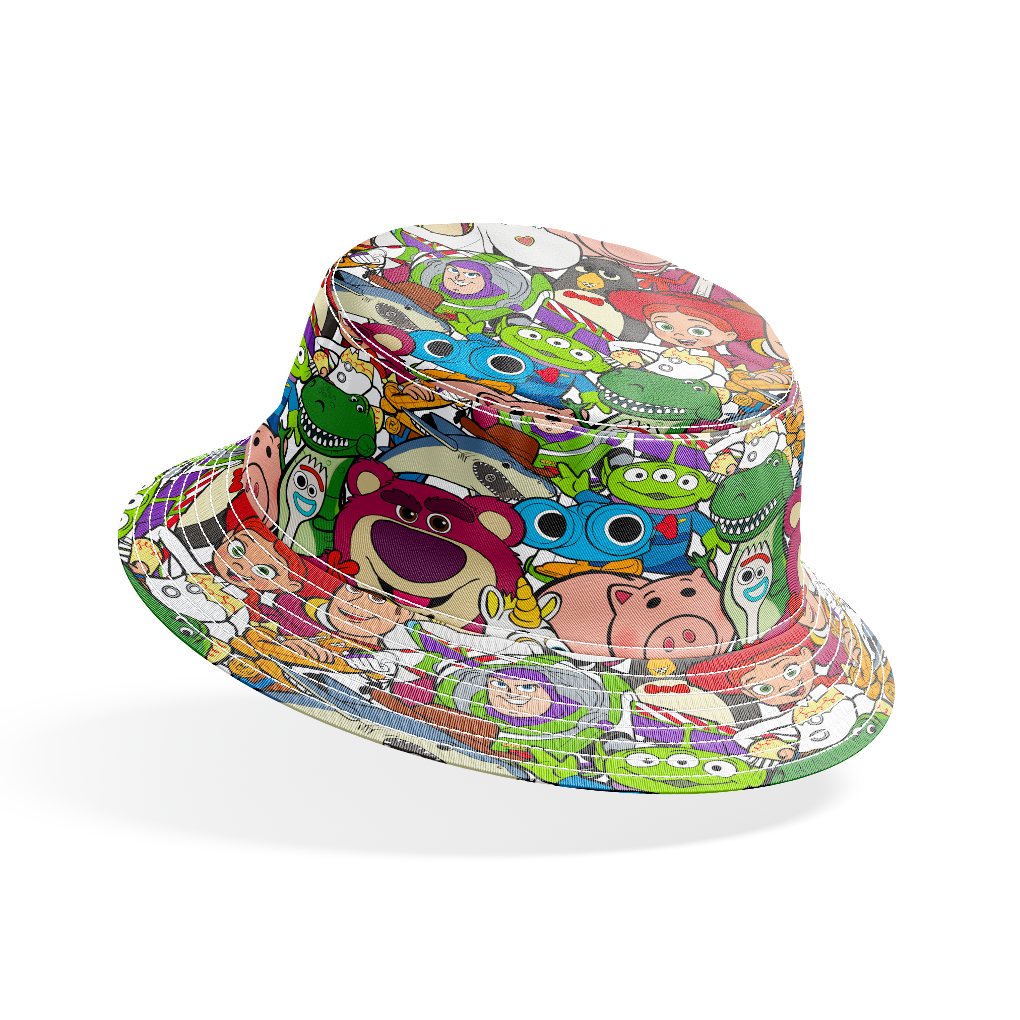 Colorful collage of Pixar and Disney animated characters including Toy Story, Monsters Inc, and other iconic cartoon figures bucket hat mockup