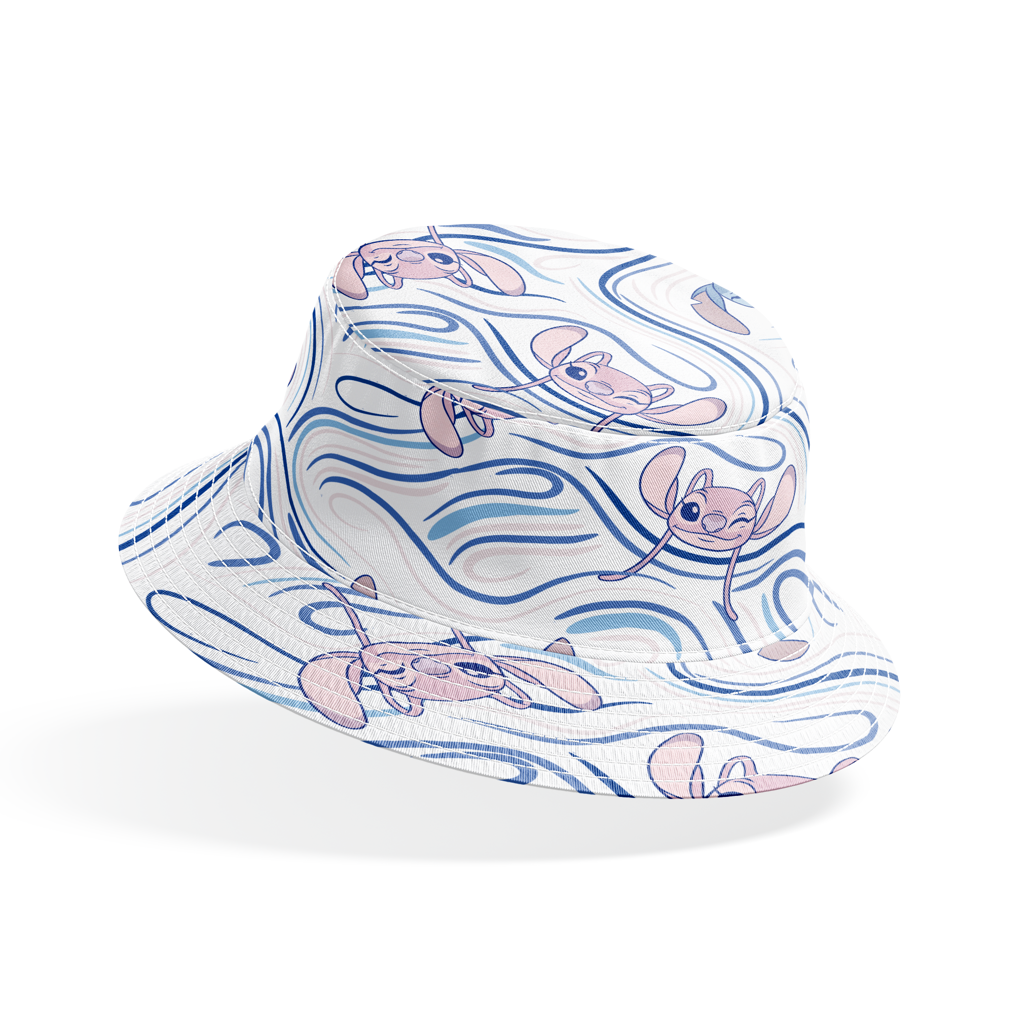 Blue alien character with large ears in various poses on swirling blue and white pattern background bucket hat mockup