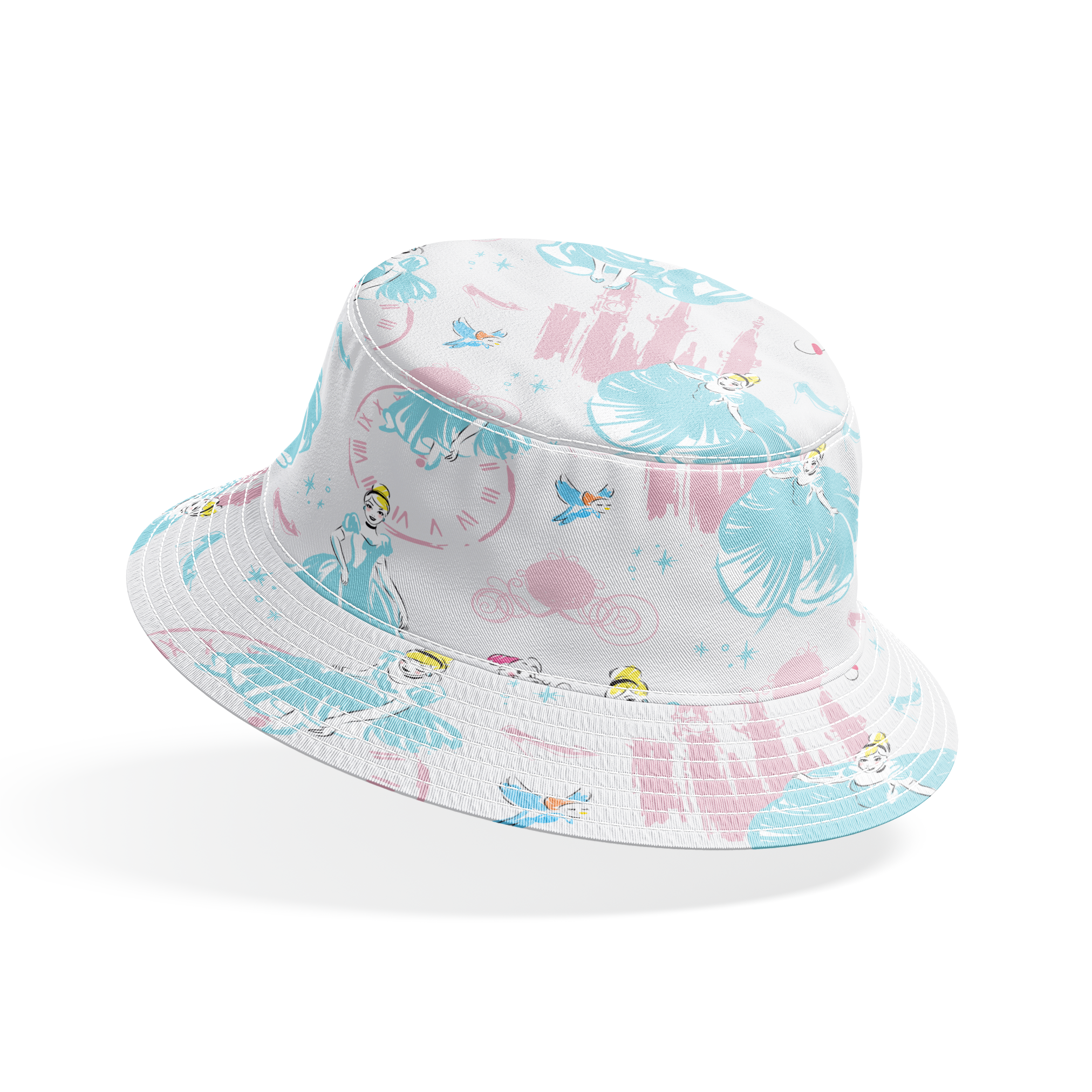 Dreamy Cinderella pattern with blue gowns, castle silhouettes, glass slippers, and blue birds on pale background bucket hat mockup