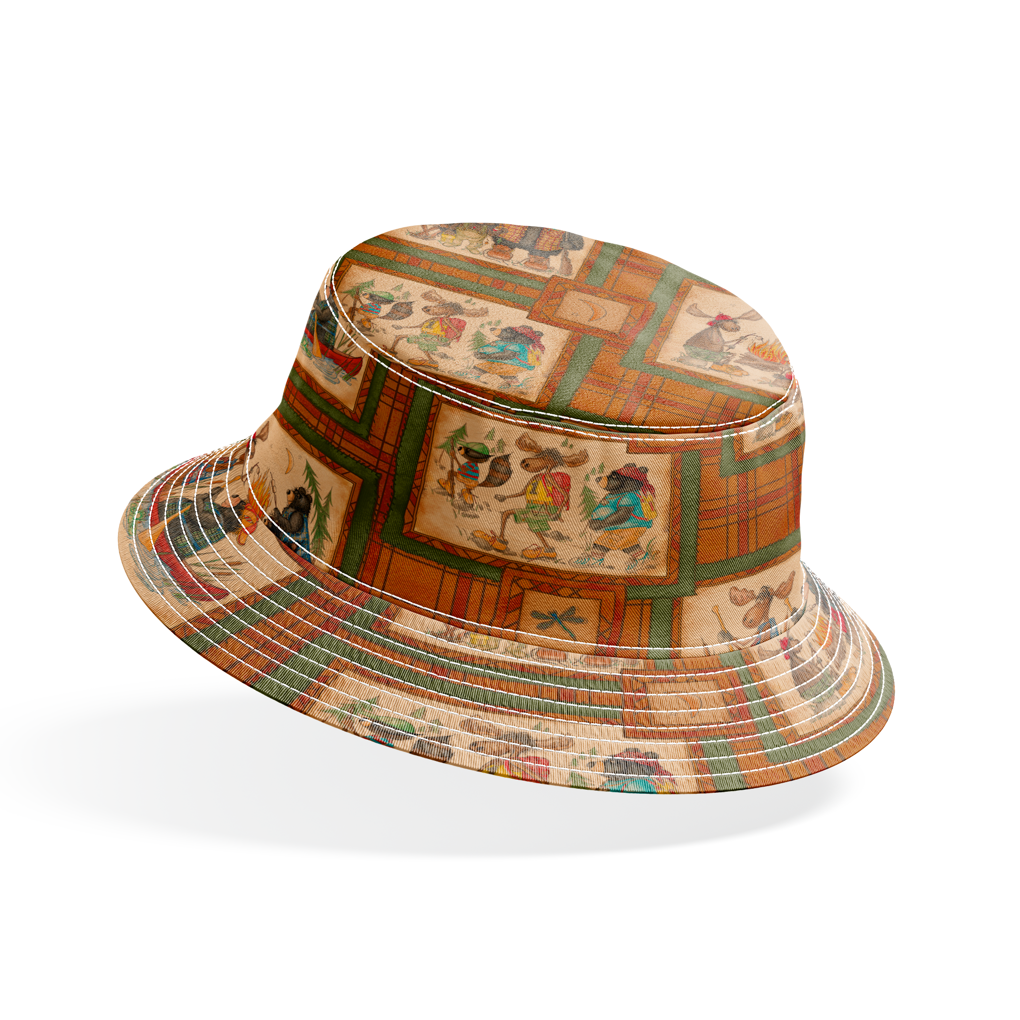 Vintage-style patchwork pattern with framed scenes of people and animals on orange plaid background bucket hat mockup