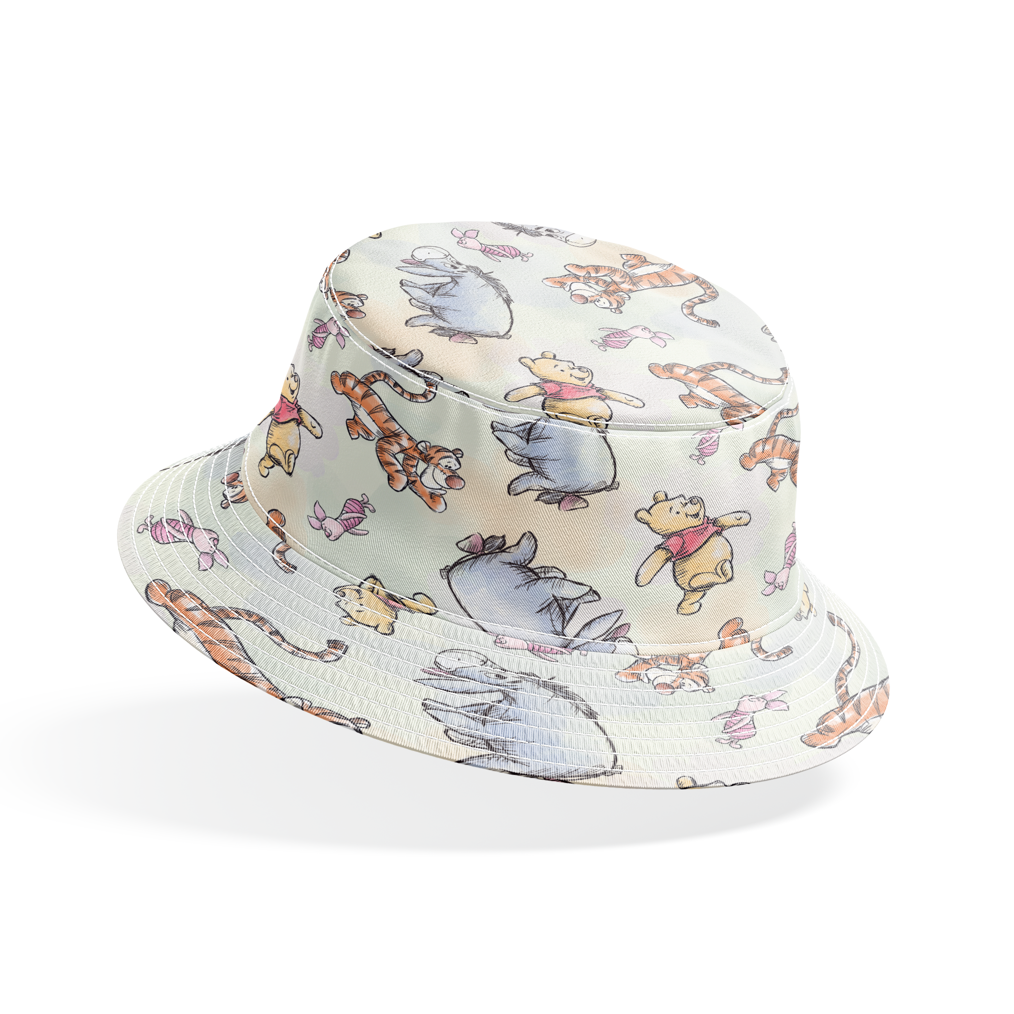 Whimsical pattern featuring cartoon bears in red shirts with bouncing tigers and small pink chara... bucket hat mockup