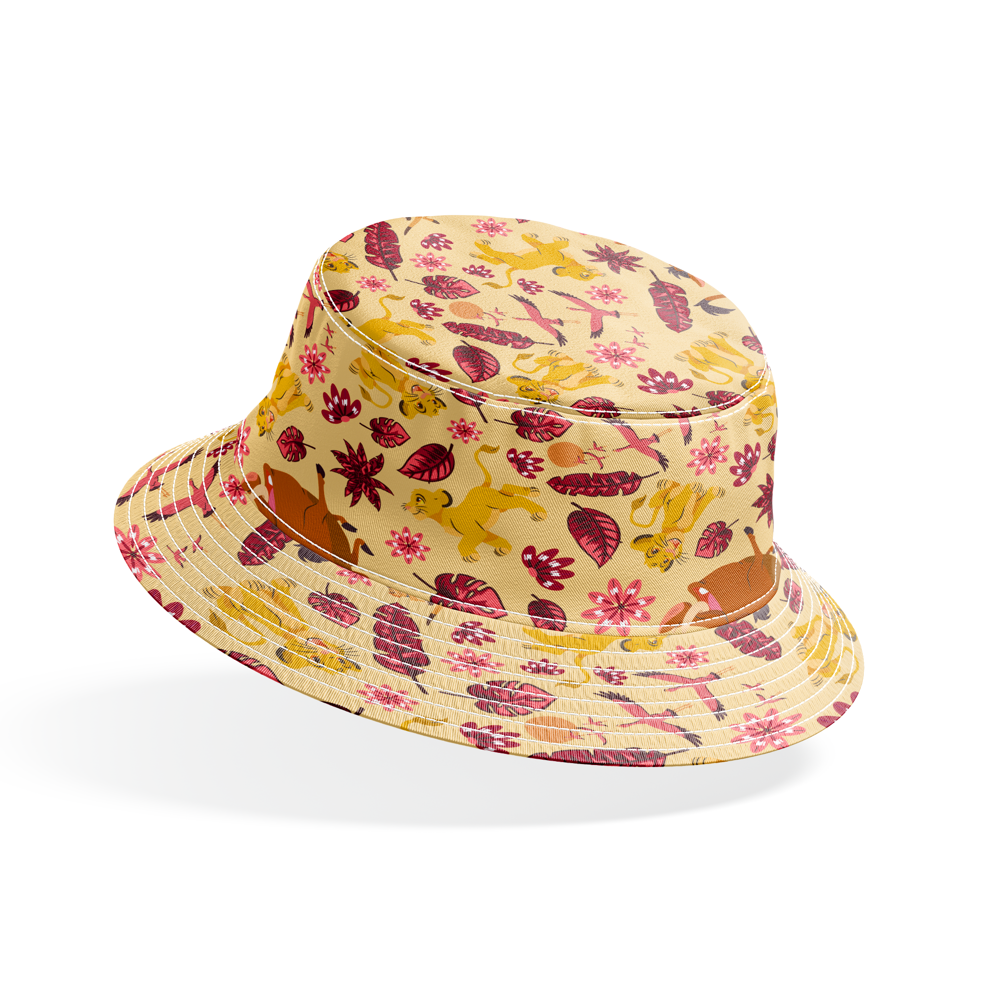 Decorative pattern with lions, gazelles, and boars in yellows and browns among maroon leaves and pink flowers bucket hat mockup
