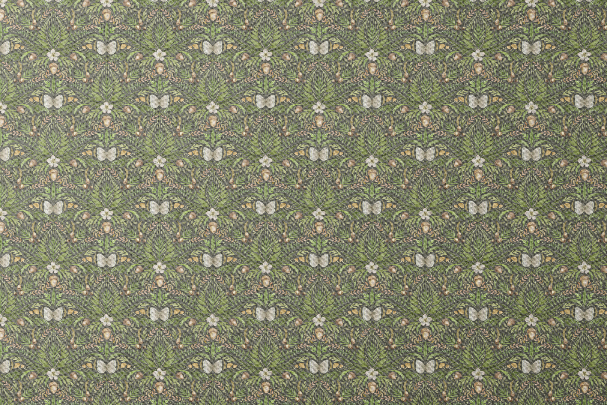 Symmetrical botanical pattern with green foliage, white flowers, and brown accents on dark background designs flat mockup