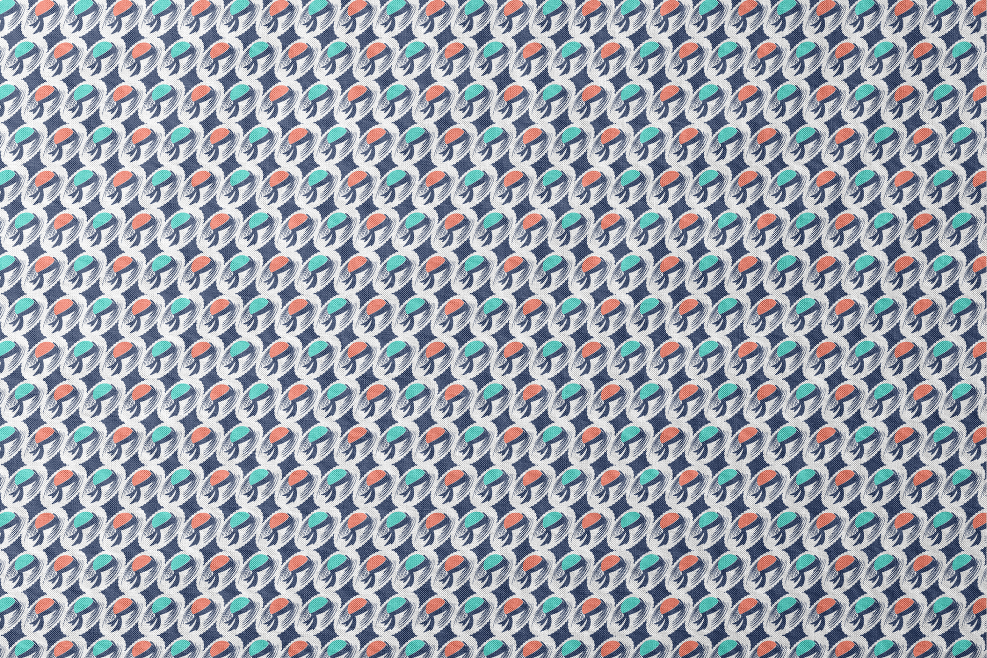 Abstract pattern with repeating mint green and coral circular shapes on navy background with white brushstroke details designs flat mockup