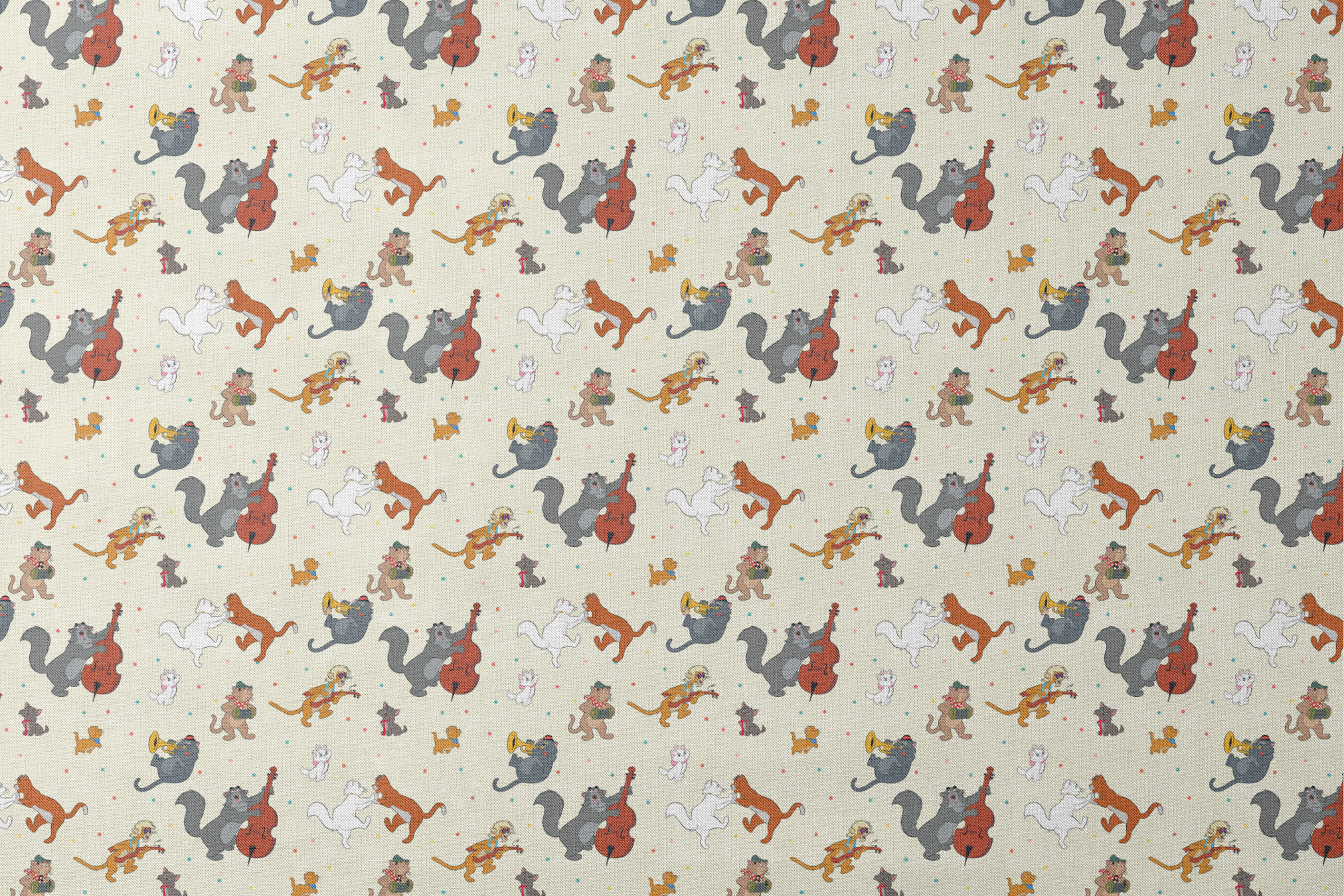 Musical cats and dogs pattern with animals playing instruments on cream background designs flat mockup