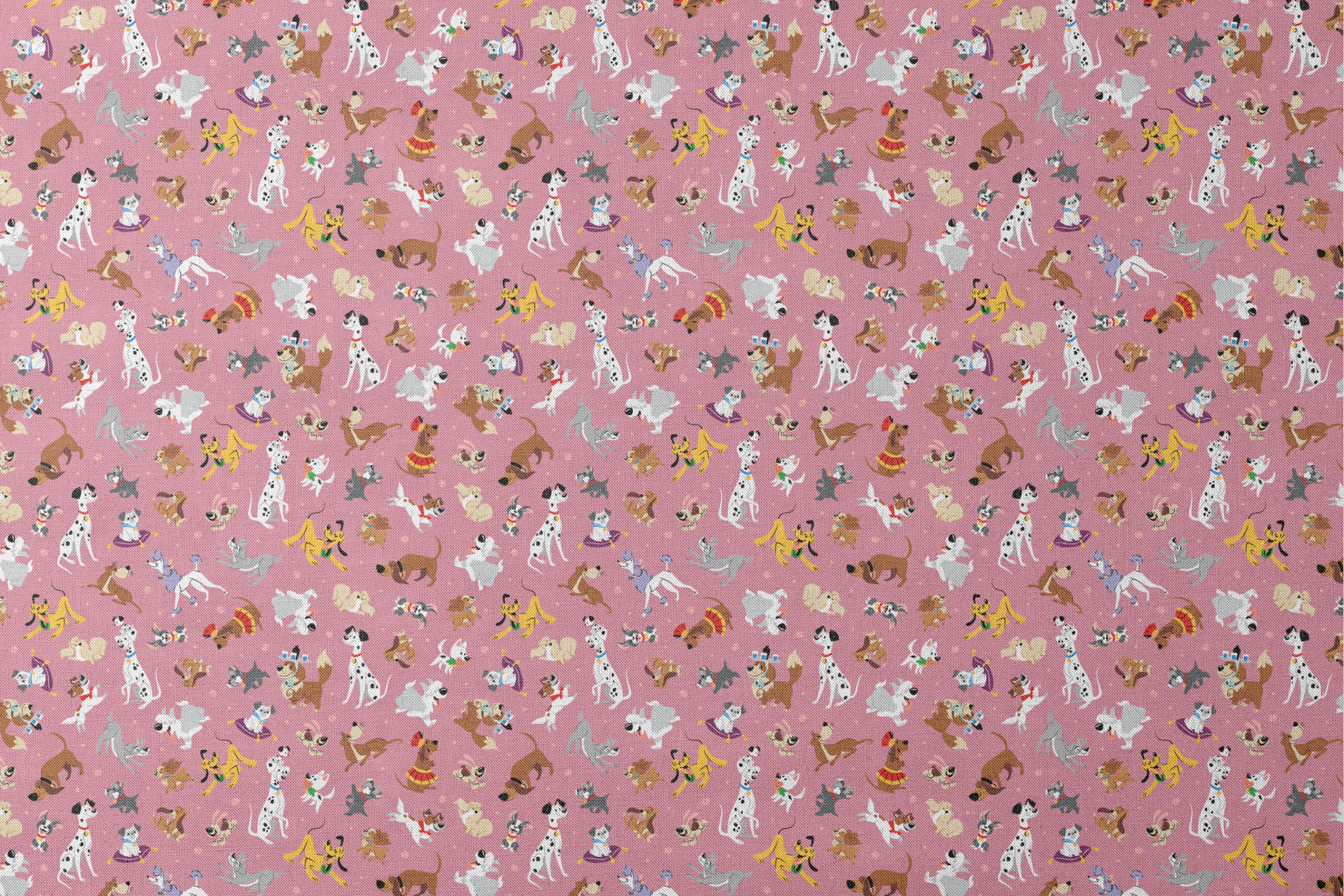 Colorful dog pattern with various cartoon breeds on pink background including dalmatians, terriers, and dachshunds designs flat mockup