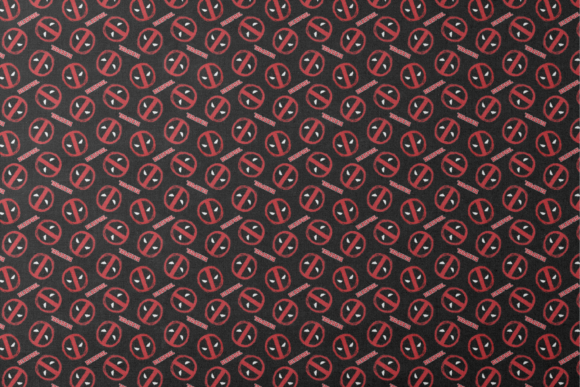 Deadpool logo pattern with red circular emblems featuring white eyes on black background designs flat mockup