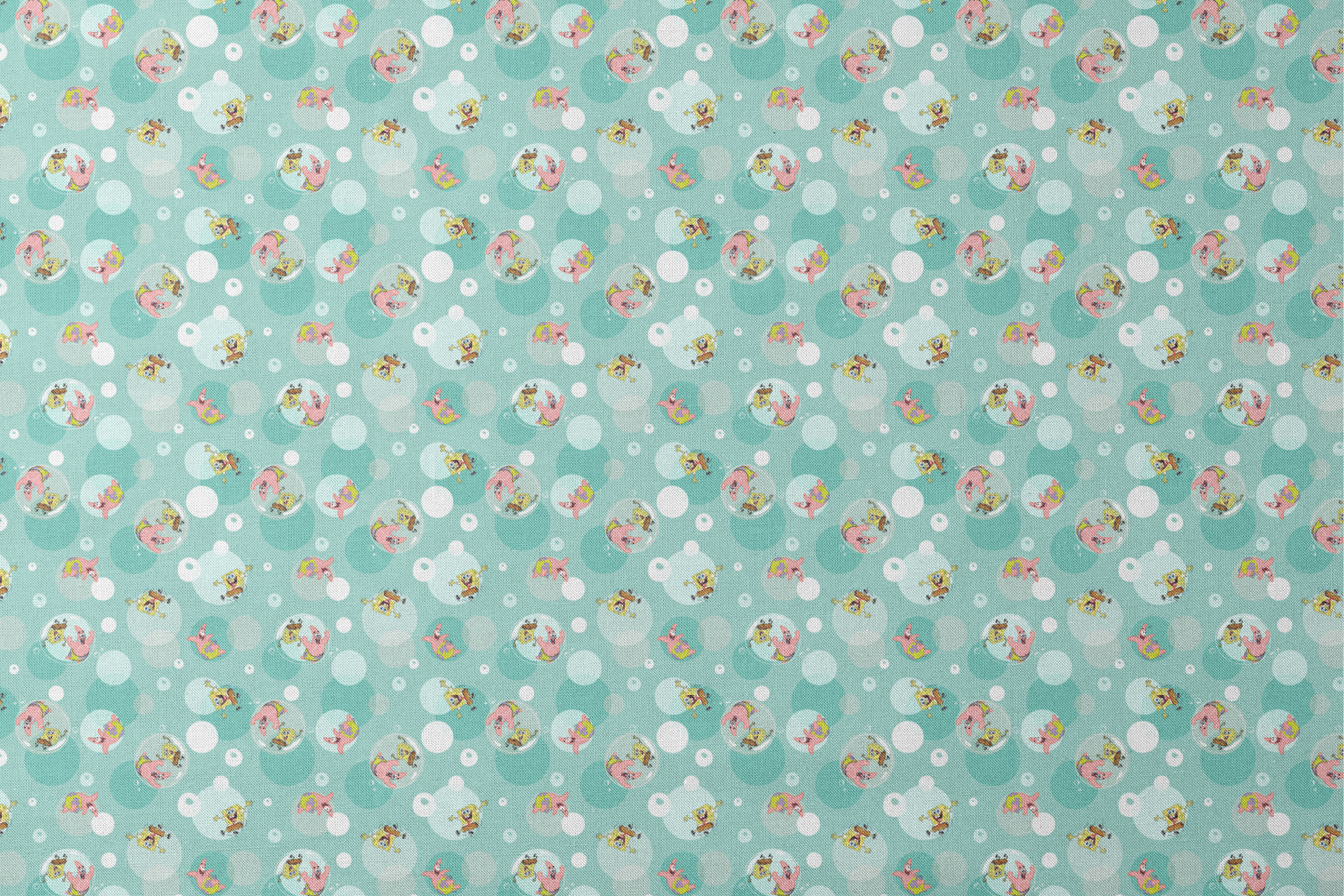 SpongeBob and Patrick floating in transparent bubbles across a seafoam green background with layered circle accents. designs flat mockup