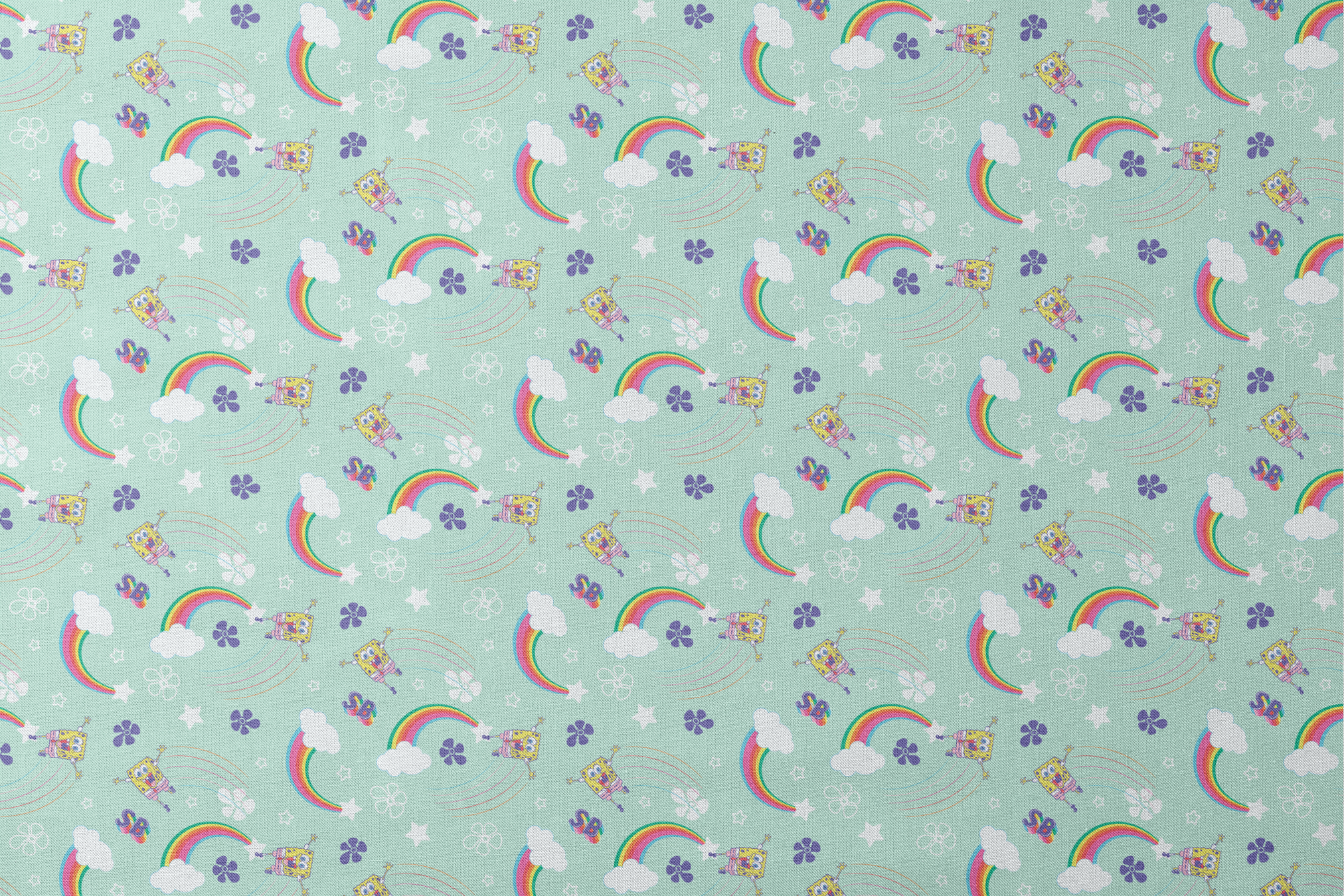SpongeBob flying over rainbows with clouds, stars, and floral icons on a mint green background in a cheerful cartoon-style Nickelodeon design designs flat mockup