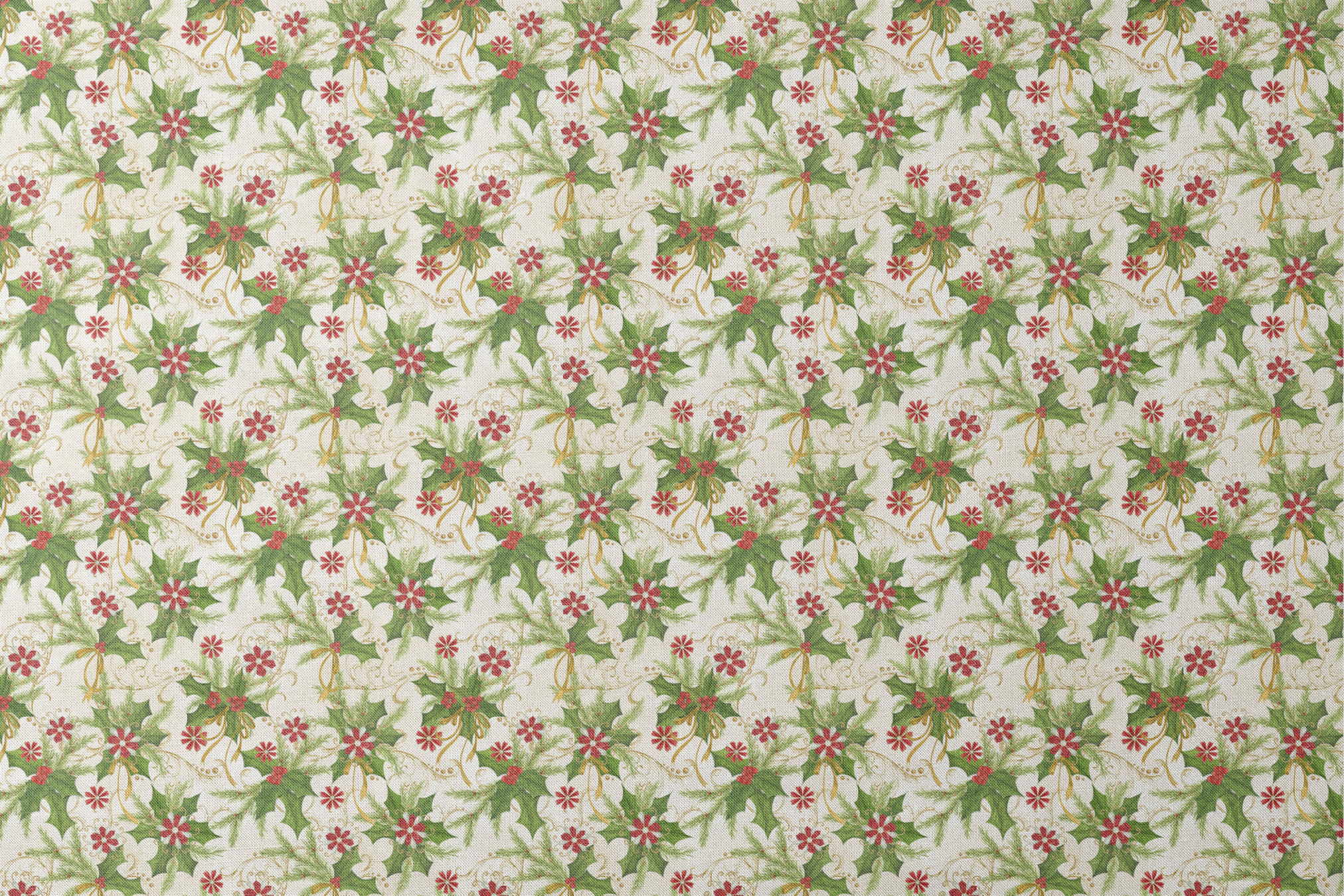 Festive pattern featuring holly leaves, pine branches, red floral medallions, and golden swirls on an ivory background by Nicole Tamarin. designs flat mockup