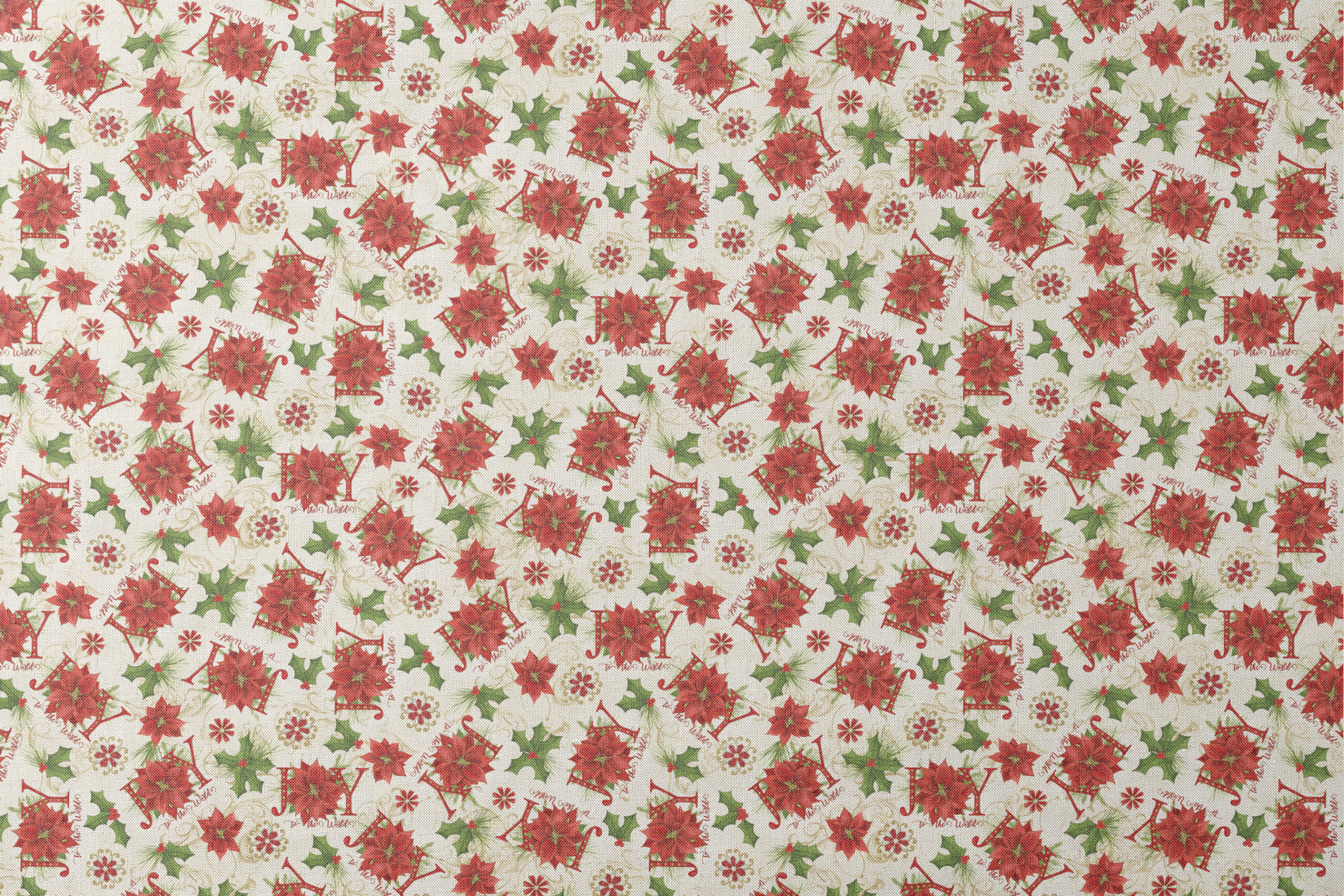 Red poinsettias, holly leaves, pine sprigs, and peppermint candy motifs with scattered “Joy” text in a festive holiday toss design by Nicole Tamarin. designs flat mockup