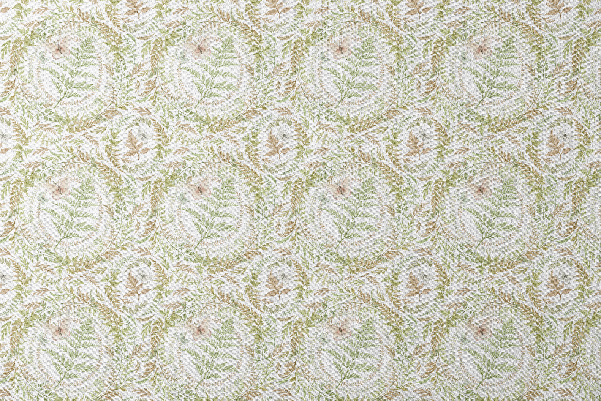 Circular botanical design featuring green ferns and blush butterflies on a white background in a Nicole Tamarin pattern. designs flat mockup