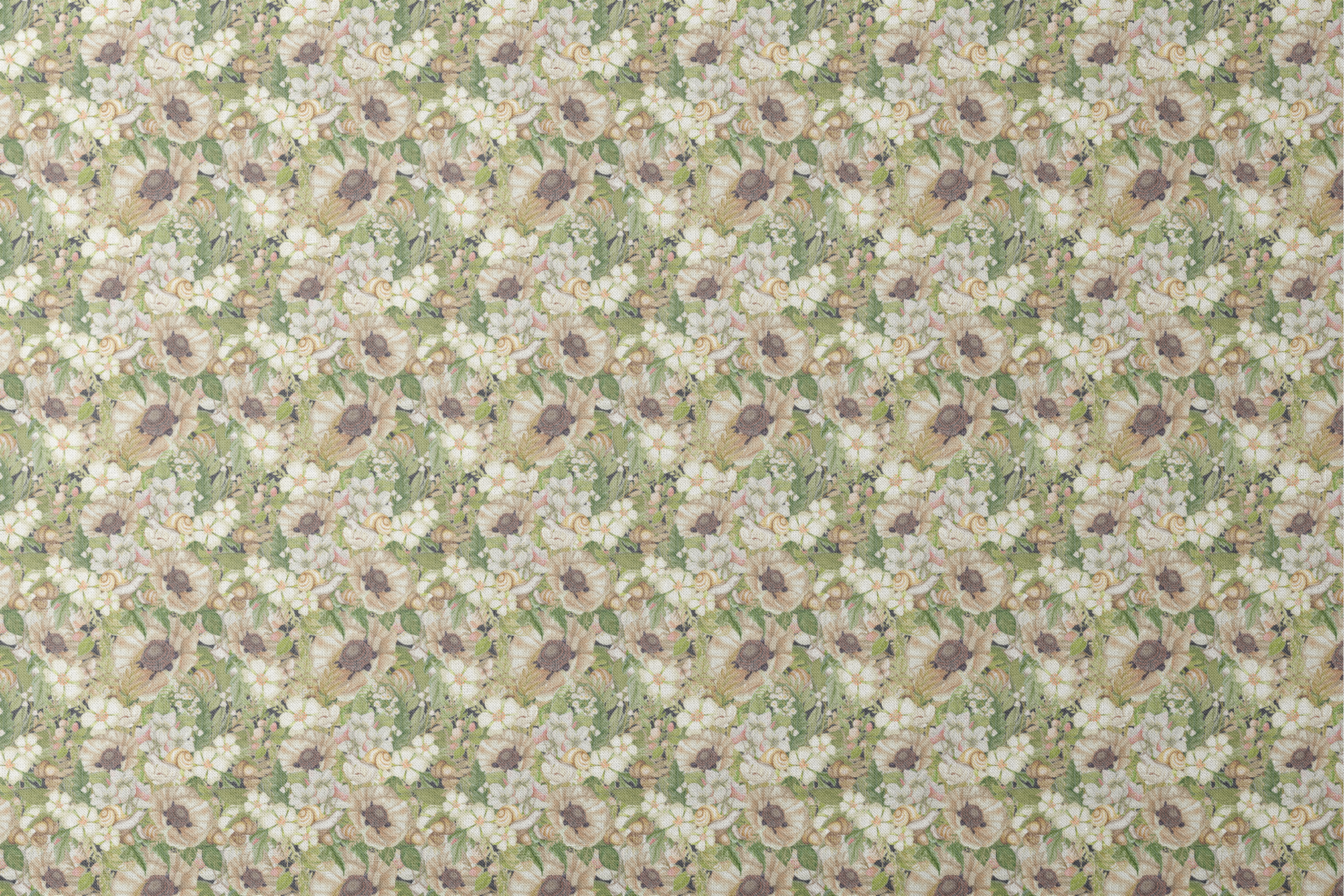 Botanical pattern by Nicole Tamarin featuring cream poppies, snails, acorns, and soft green leaves in an earthy woodland layout. designs flat mockup