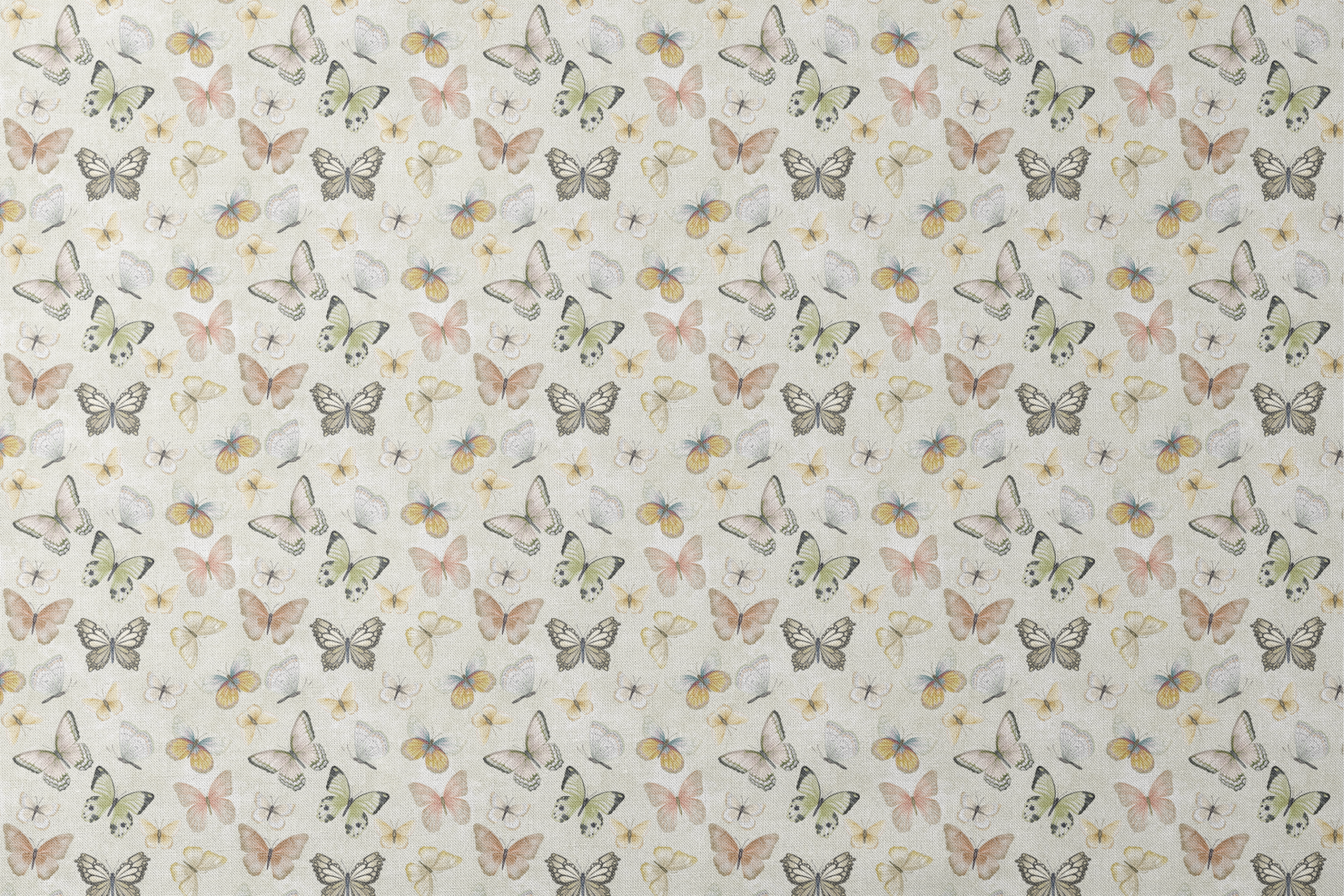 Hand-illustrated pastel butterflies in pink, blue, yellow, and sage on a cream background in a botanical-style Nicole Tamarin design. designs flat mockup