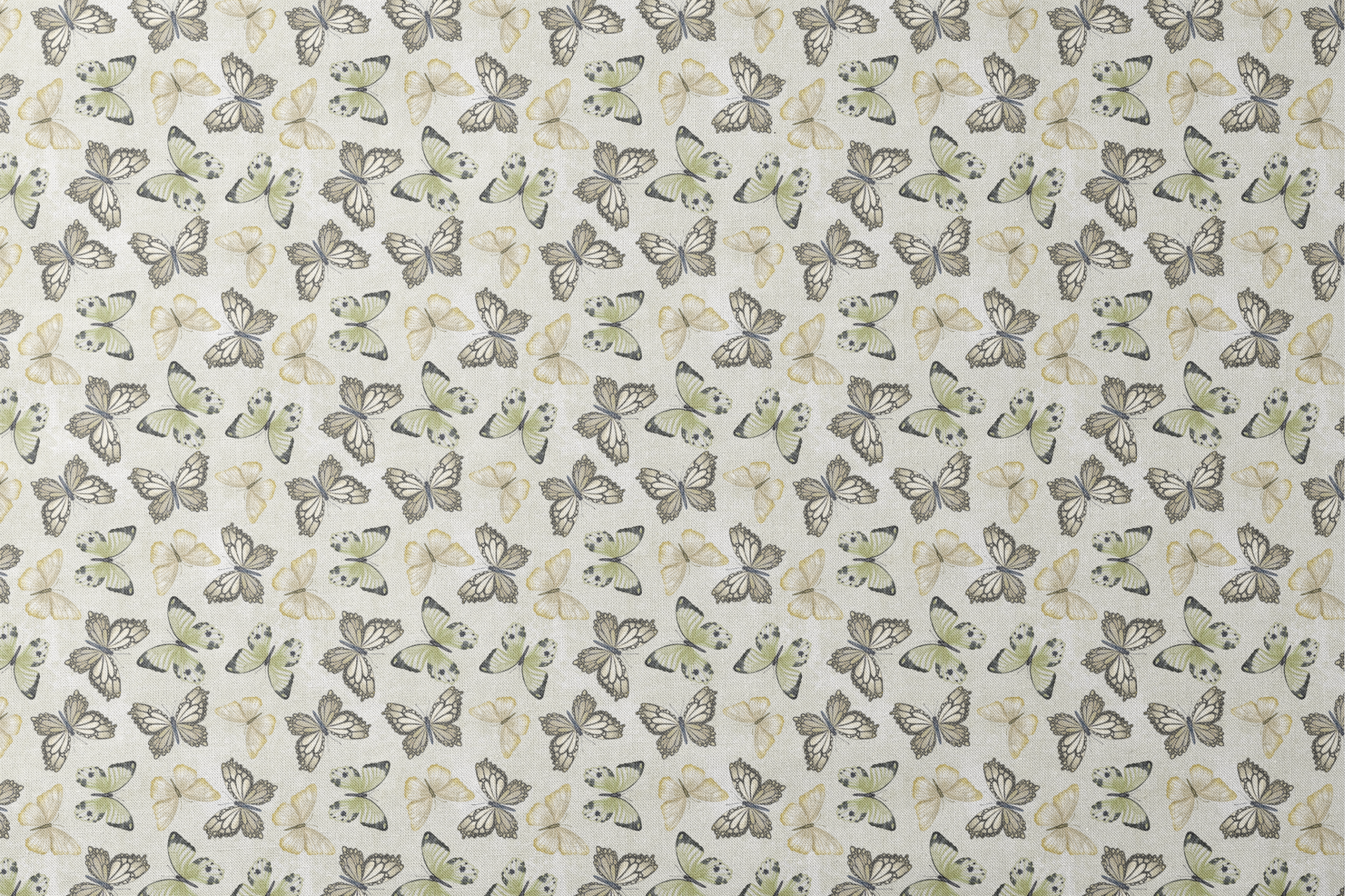 Illustrated butterfly pattern by Nicole Tamarin with soft sage green and neutral tones on a textured cream background. designs flat mockup