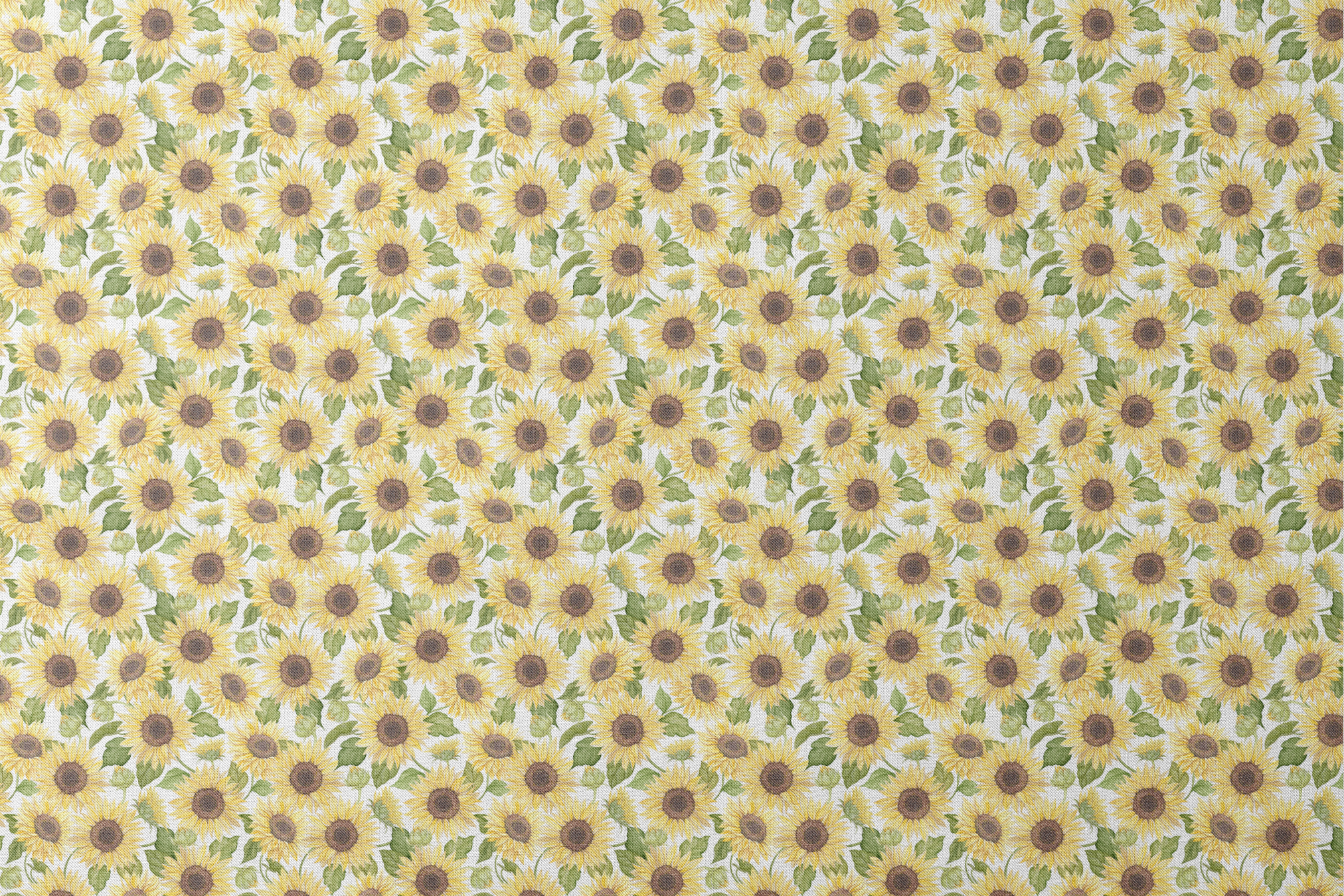 Watercolor-style packed sunflower pattern with yellow blooms and green leaves on a white background, designed by Nicole Tamarin. designs flat mockup