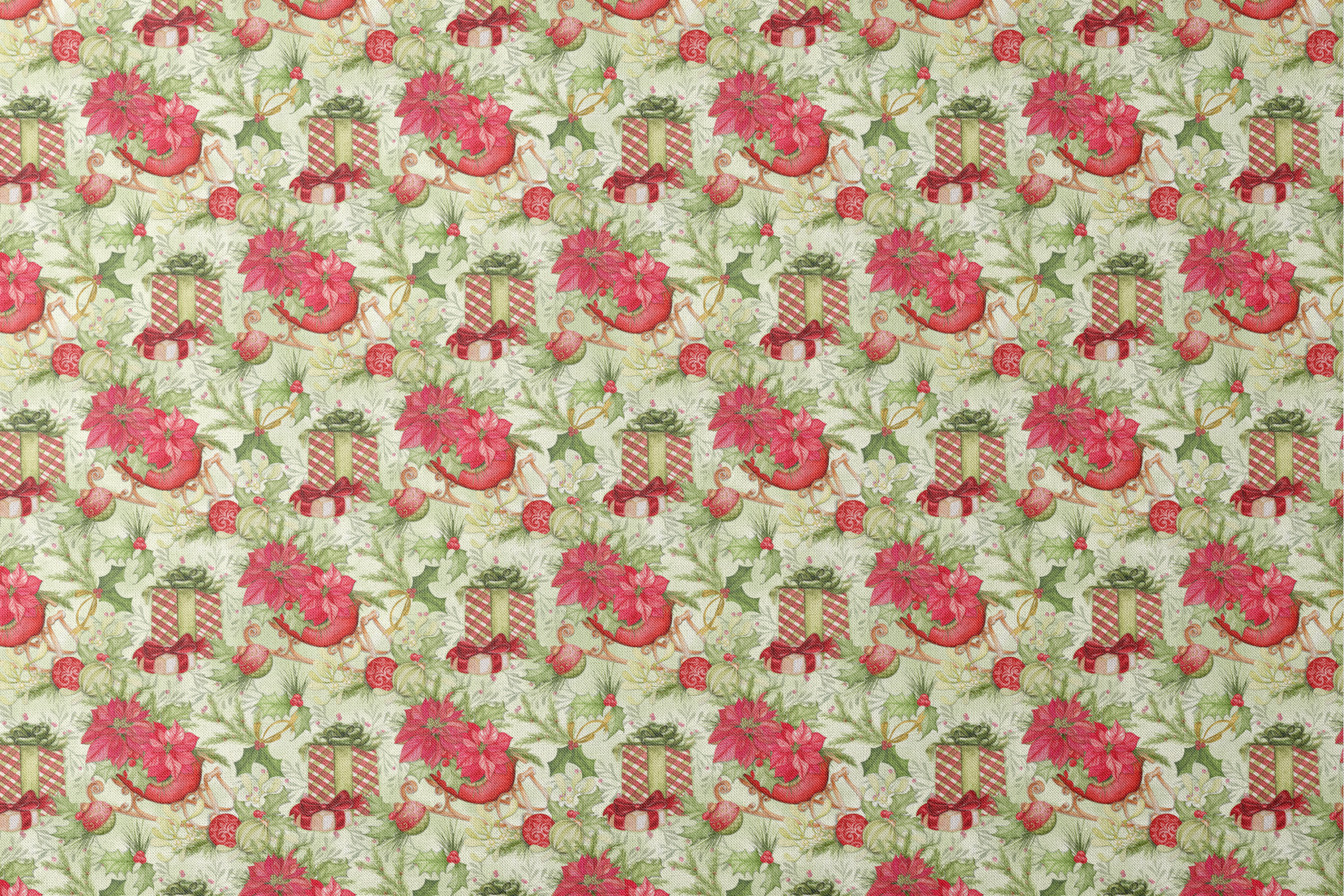 Christmas pattern with red poinsettias, vintage sleighs, wrapped gifts, holiday ornaments, and greenery in a festive toss by Nicole Tamarin. designs flat mockup