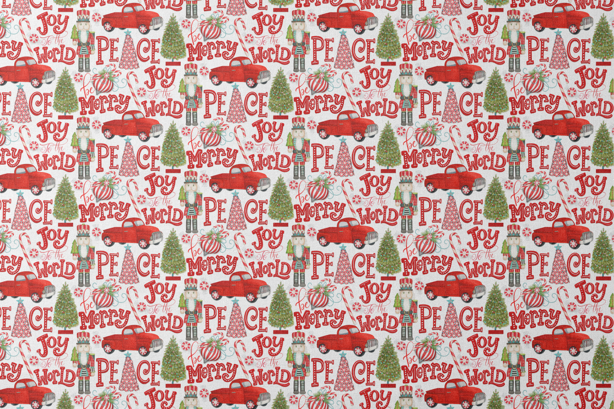 Holiday pattern featuring red trucks, nutcrackers, candy canes, Christmas trees, and festive lettering on a white background by Nicole Tamarin. designs flat mockup