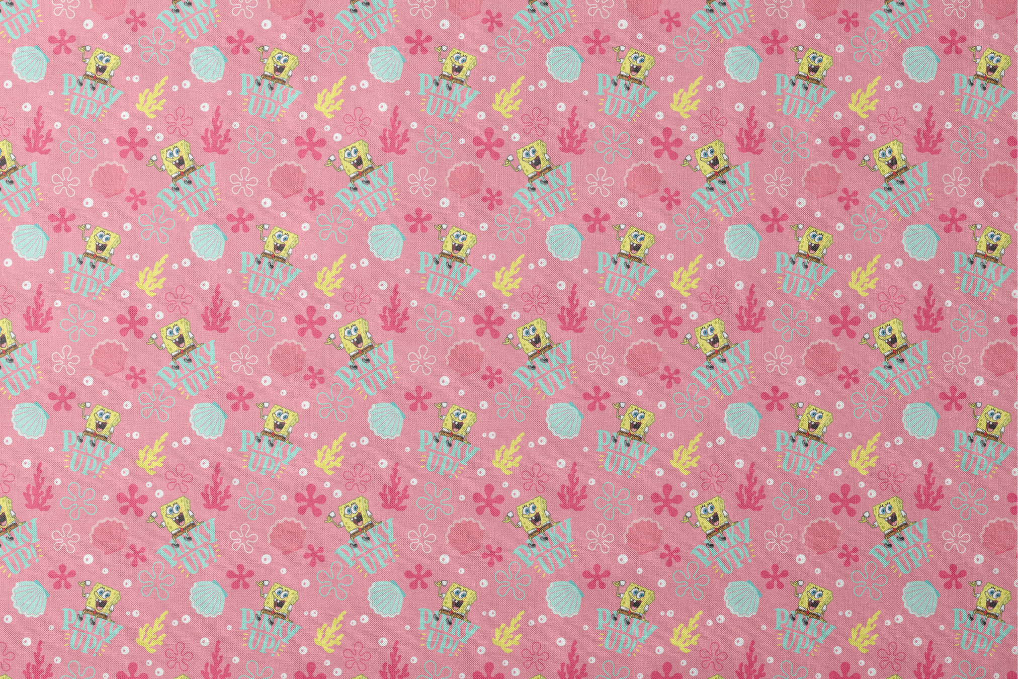 SpongeBob holding a teacup with “Pinky Up!” text, surrounded by sea shells, coral, and flower shapes on a pink background. designs flat mockup