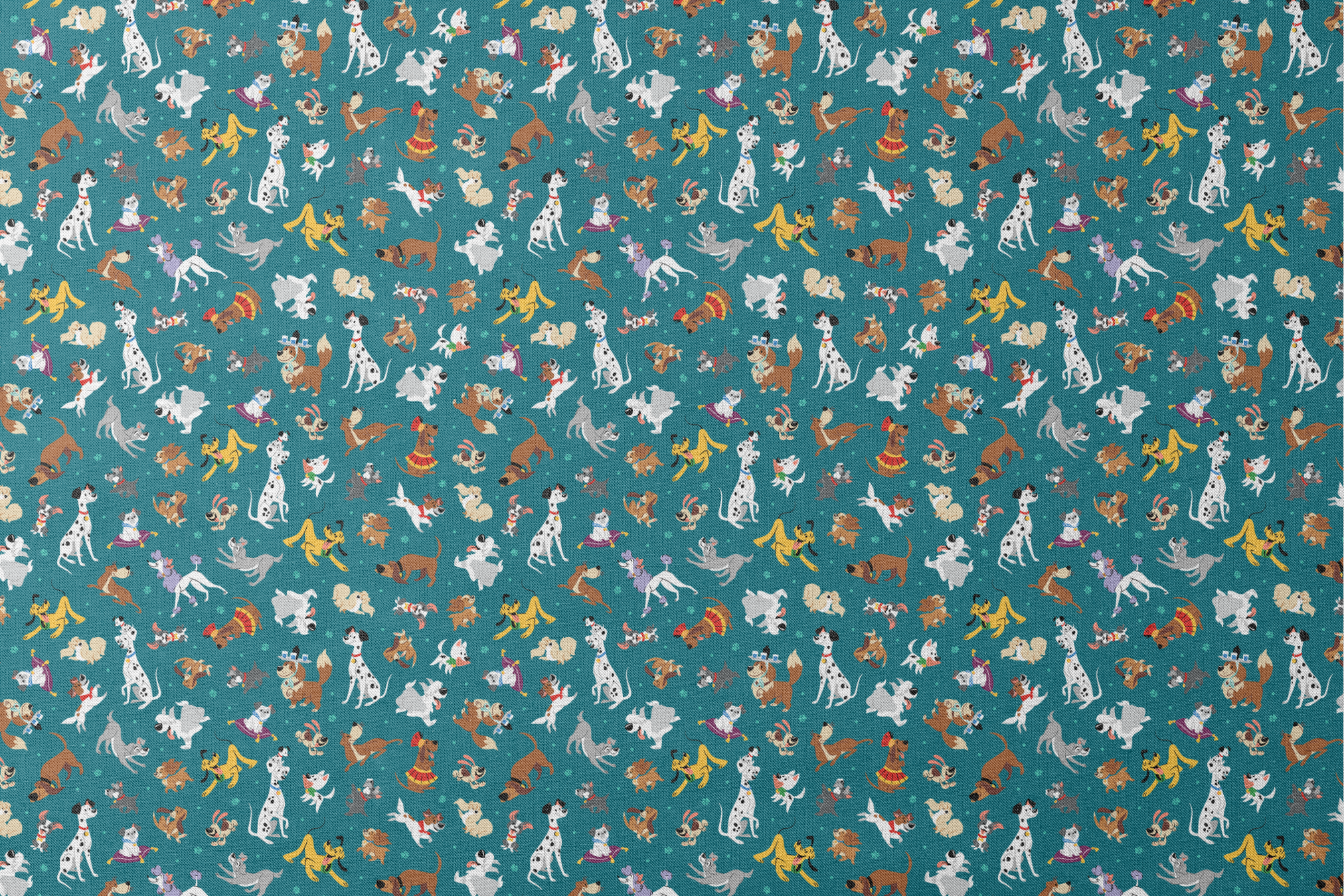 Teal pattern featuring Disney cartoon dogs like Dalmatians, Pluto, Lady and the Tramp, Copper, and other animated pups. designs flat mockup