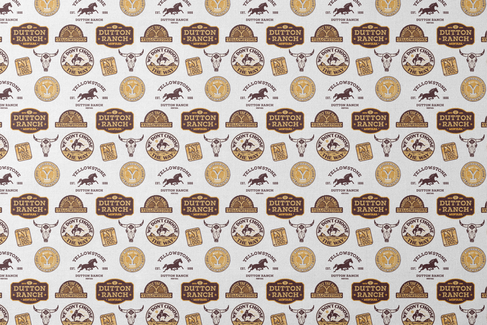 Western patch-style design featuring Dutton Ranch and Yellowstone badges in rustic tones. Great for quilting, crafts, and cowboy-inspired decor. designs flat mockup