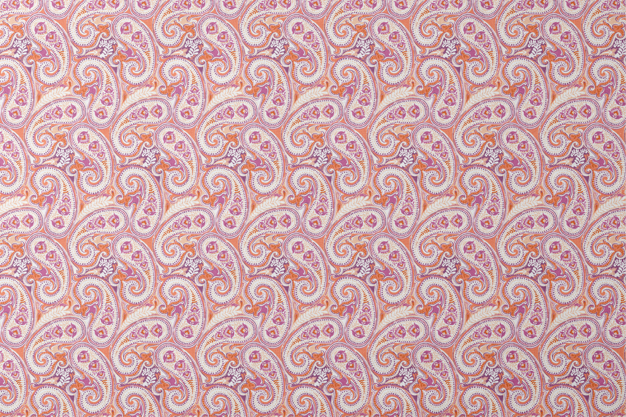 Vibrant paisley pattern in orange, pink and purple with swirling teardrop motifs and ornate details designs flat mockup