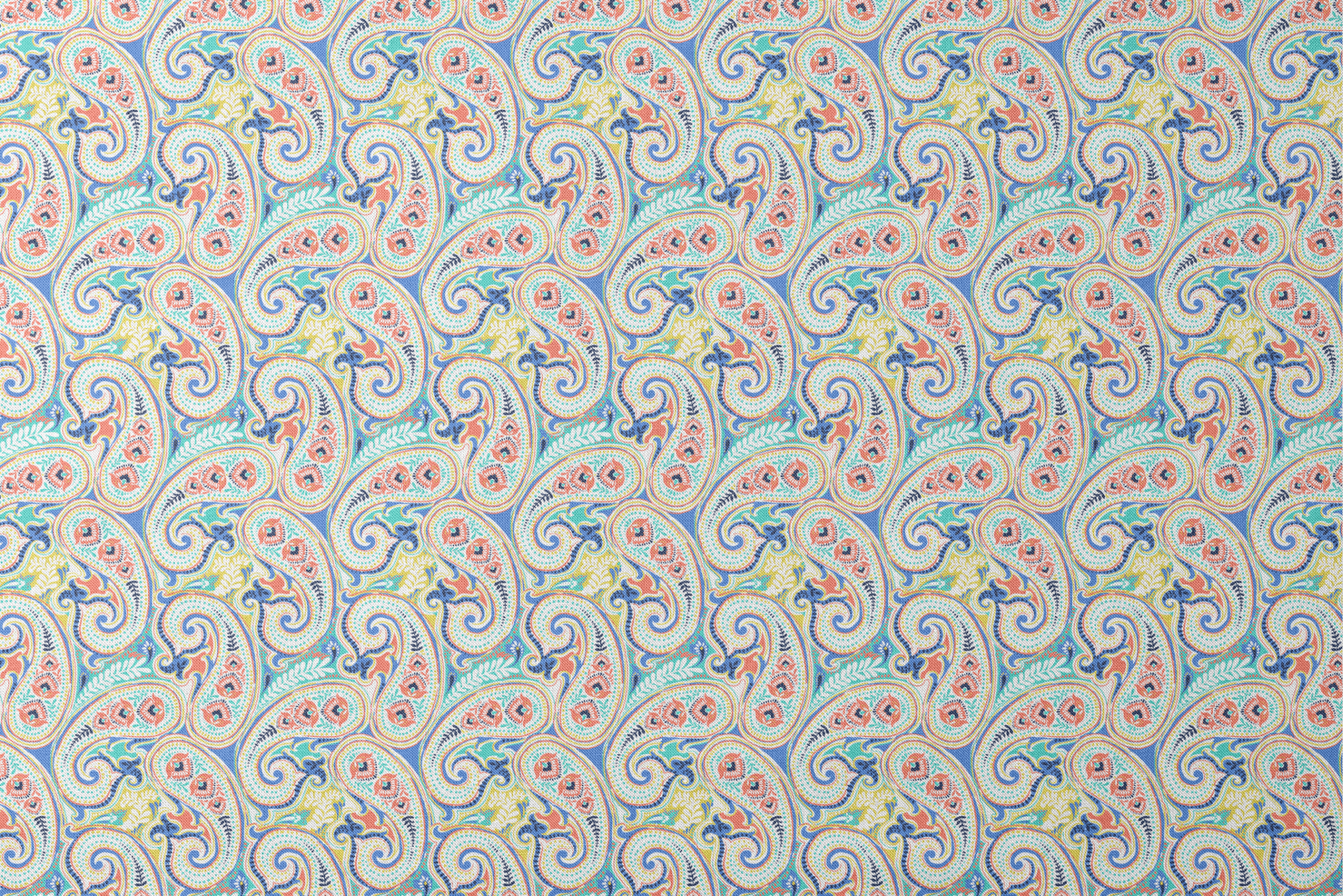 Vibrant blue, yellow and red paisley pattern with swirling decorative motifs and curved shapes designs flat mockup