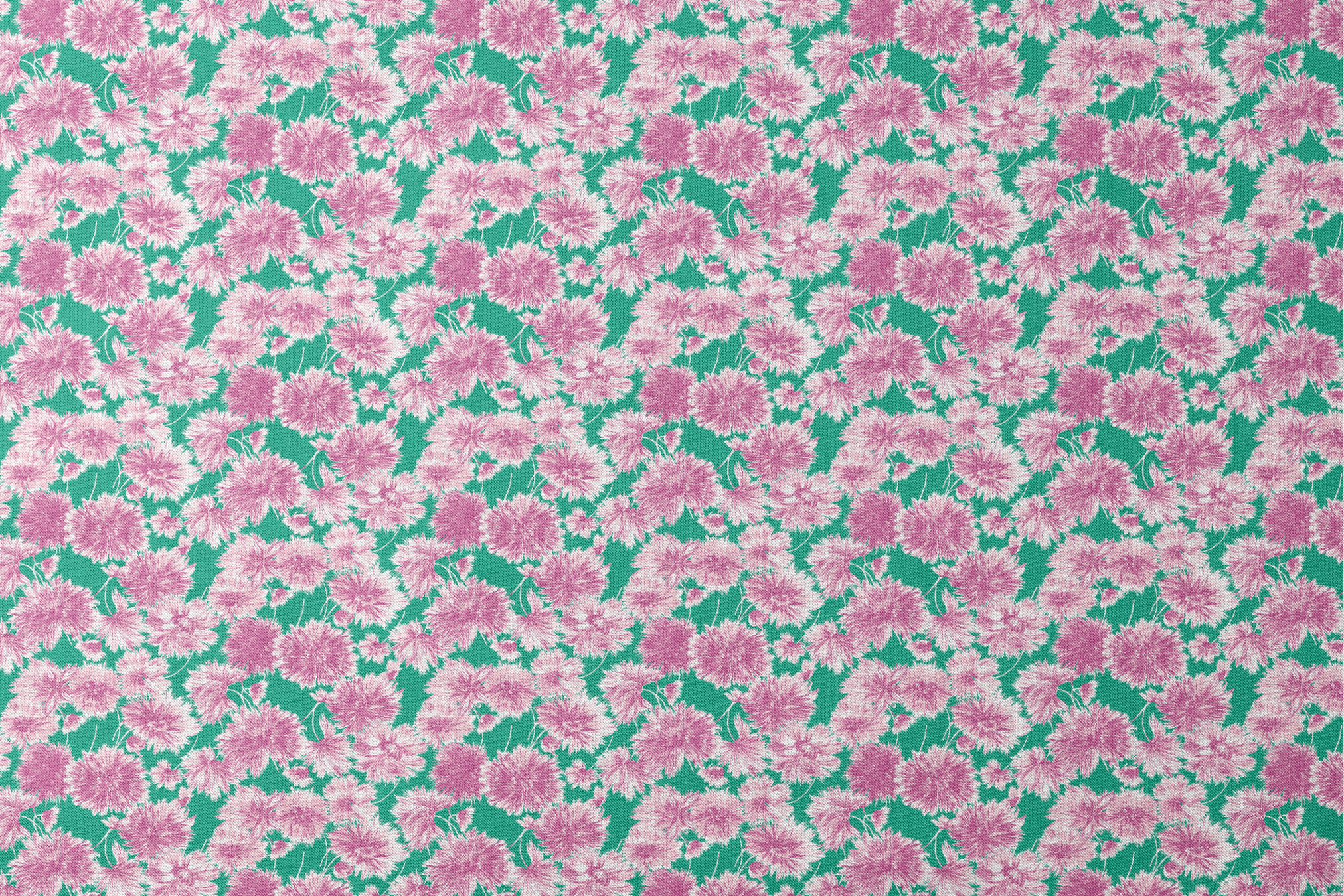 Pink and purple carnation flowers scattered on a green background in a repeating floral pattern designs flat mockup