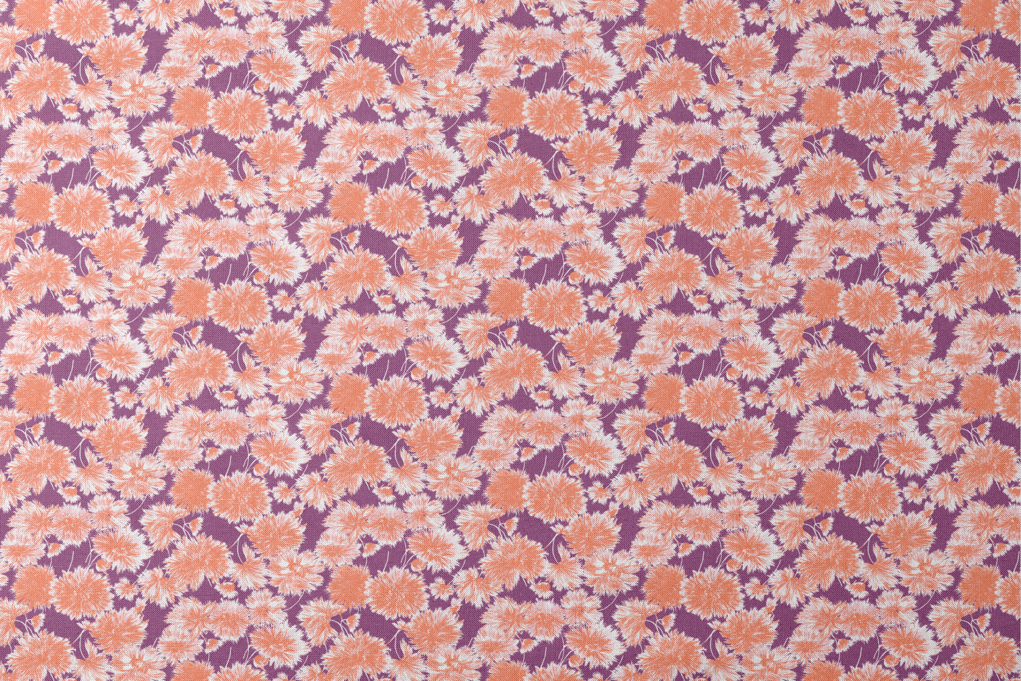 Vibrant floral pattern with orange and white chrysanthemum-like blooms on deep purple background designs flat mockup