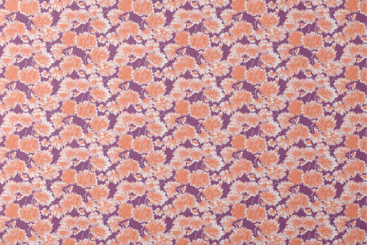 Vibrant floral pattern with orange and white chrysanthemum-like blooms on deep purple background designs flat mockup