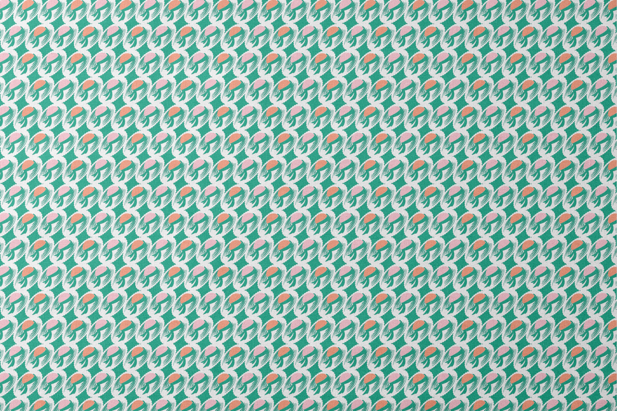 Abstract pattern with pink and orange oval shapes on green brushstroke backgrounds designs flat mockup