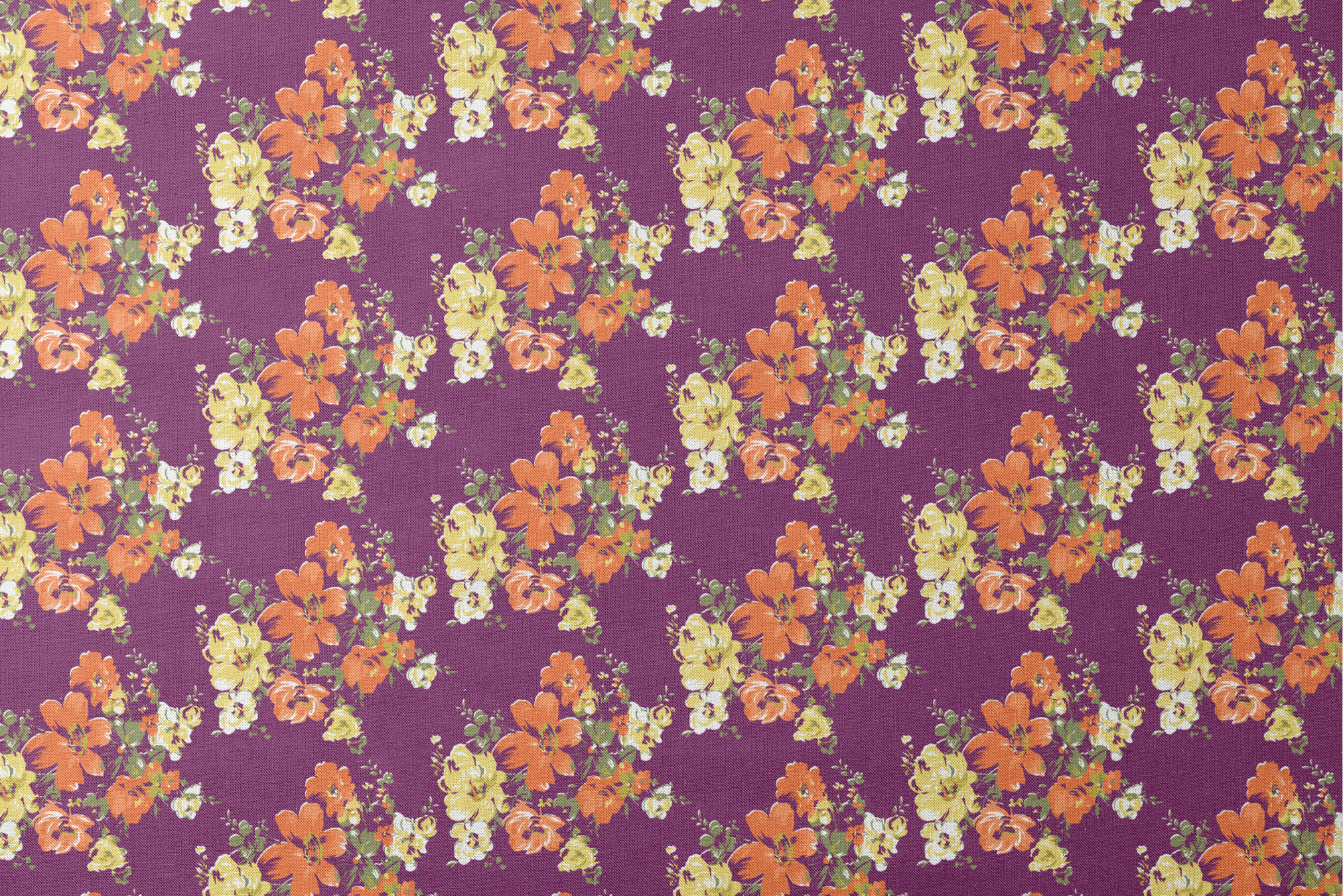 Vibrant floral pattern with orange and yellow blooms against a deep purple background designs flat mockup