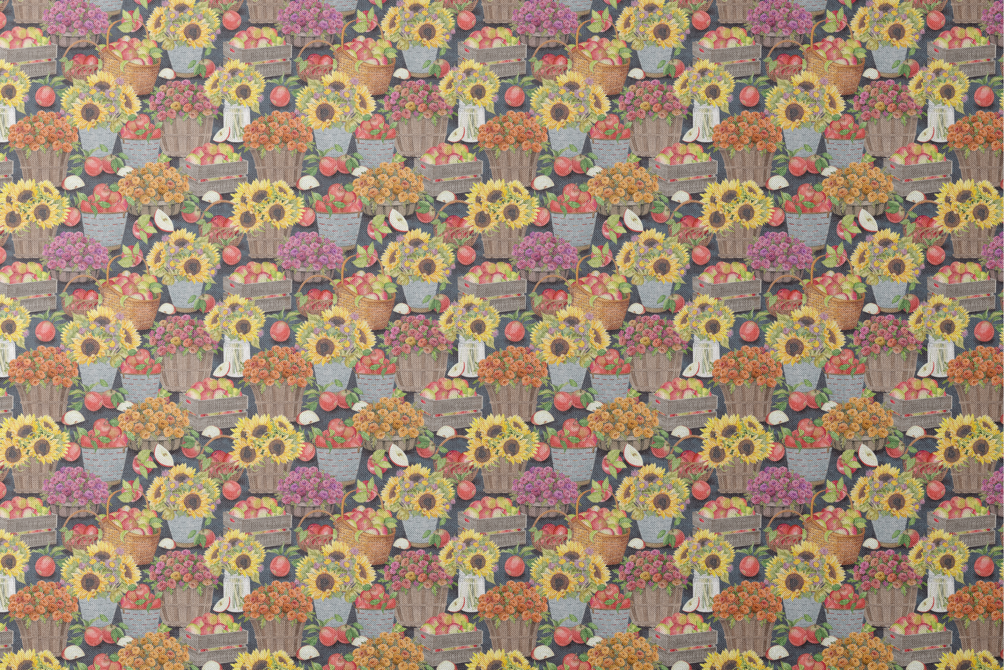 Baskets filled with sunflowers, mums, and apples in a colorful autumn harvest design by Nicole Tamarin. designs flat mockup