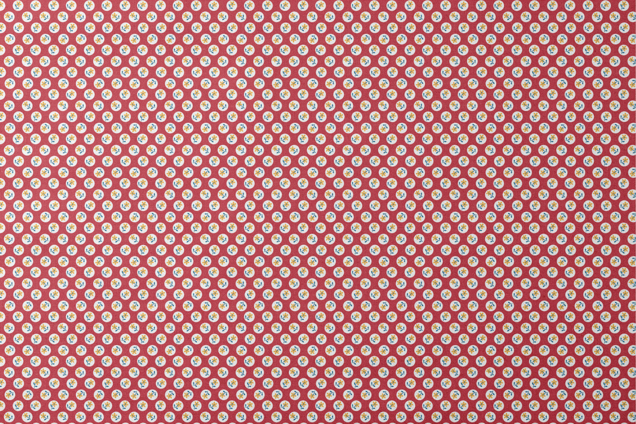 Yellow flowers with blue stems on white circles against red background in repeating pattern designs flat mockup