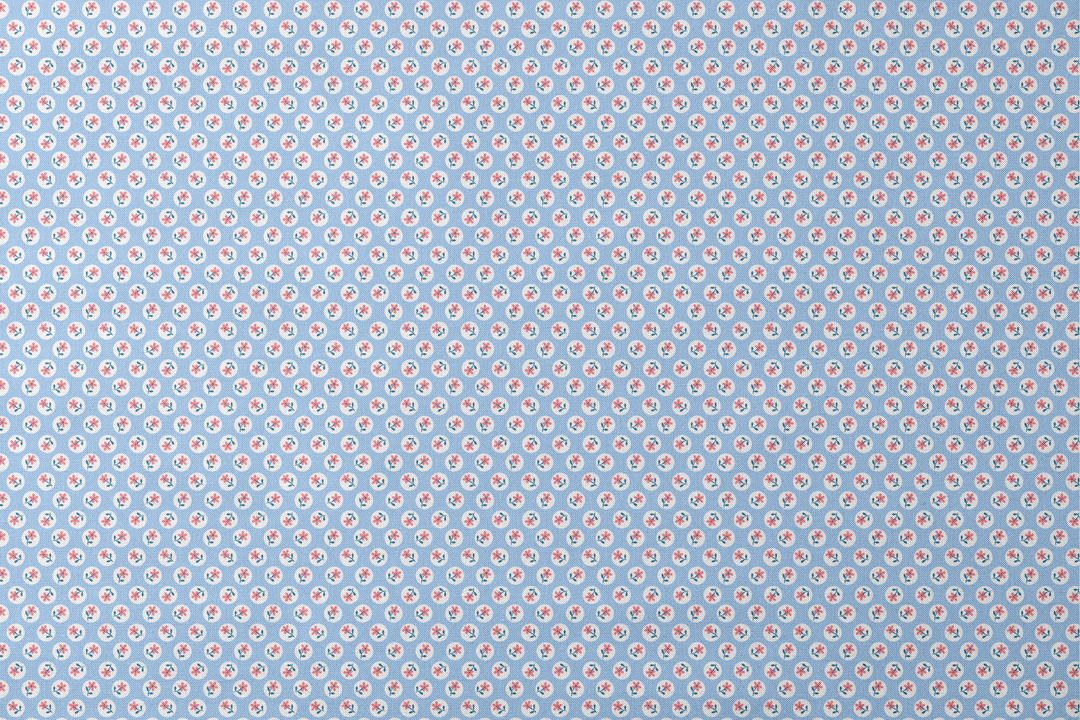 Pink flowers with blue-green stems in white circles on pale blue background, repeating pattern designs flat mockup