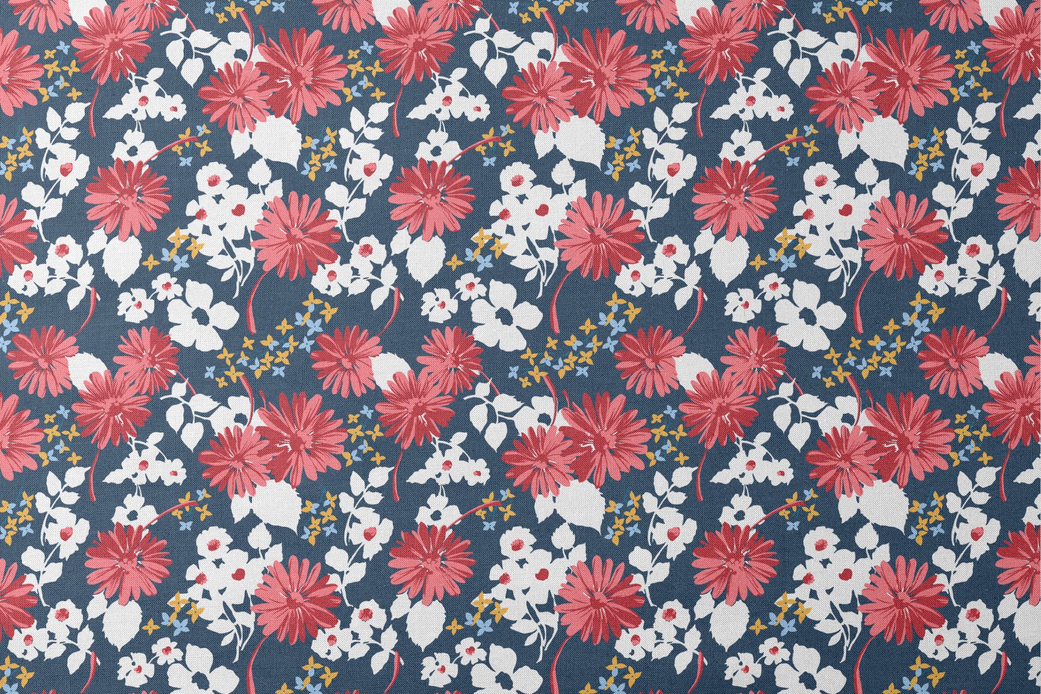 Vibrant floral pattern with red daisies and white flowers on navy background with small gold stars designs flat mockup