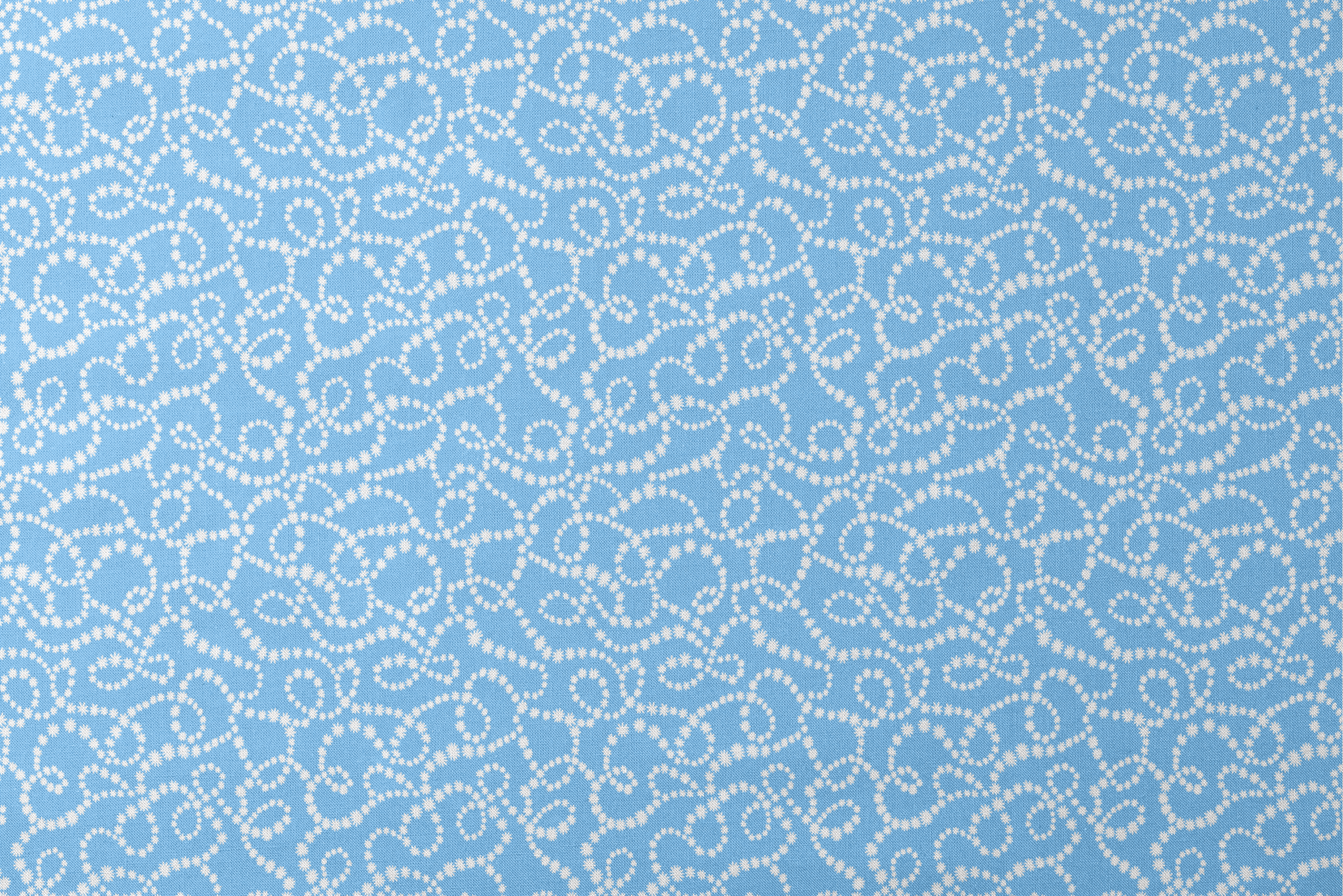 Sky blue background with swirling white dotted pattern resembling beaded strings or pearls arranged in curving lines designs flat mockup