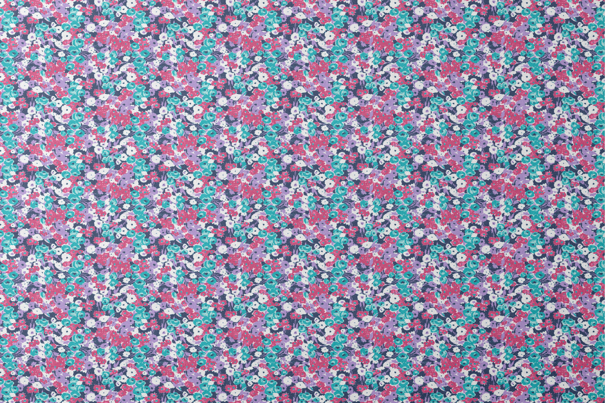 Vibrant floral pattern with pink, white, purple, and turquoise flowers on dark indigo background designs flat mockup
