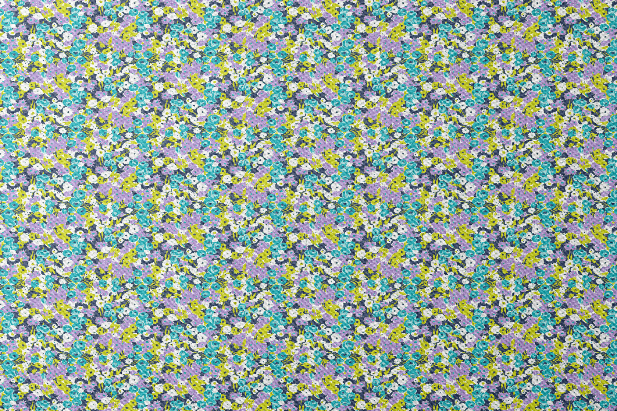 Vibrant floral pattern with turquoise, purple, white, and chartreuse blooms on dark background designs flat mockup