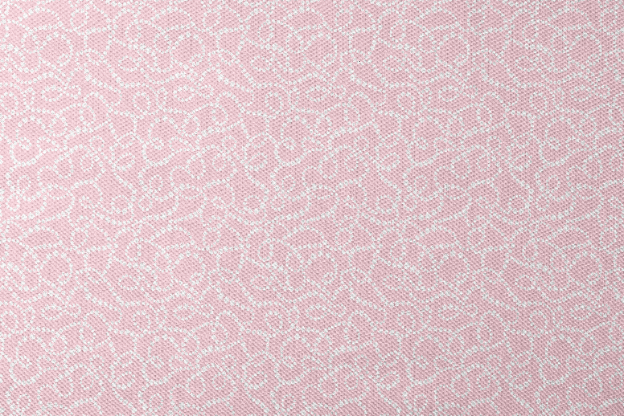 Baby pink background with white dotted swirling pattern creating delicate curved lines and loops designs flat mockup